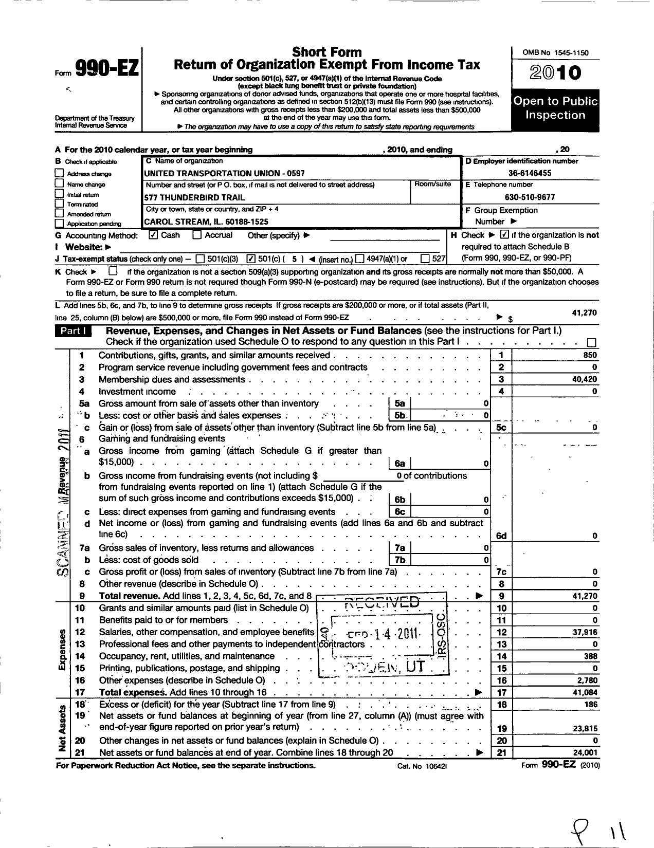 Image of first page of 2010 Form 990EO for Smart Union - 597 TD