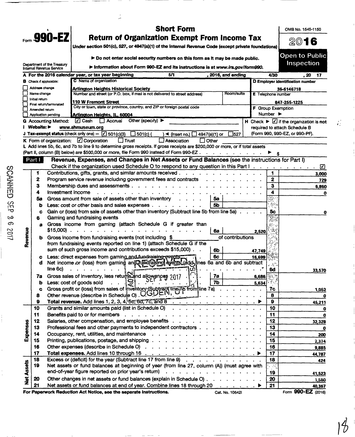 Image of first page of 2016 Form 990EZ for Arlington Heights Historical Society Y