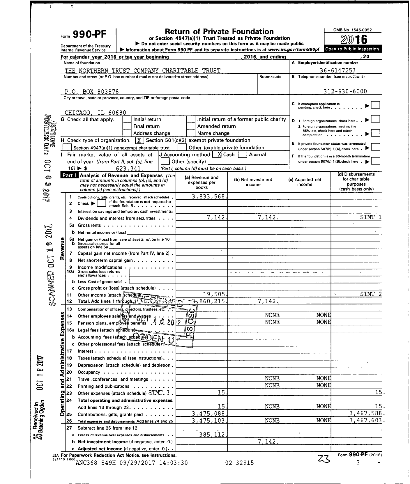 Image of first page of 2016 Form 990PF for The Northern Trust Company Charitable Trust