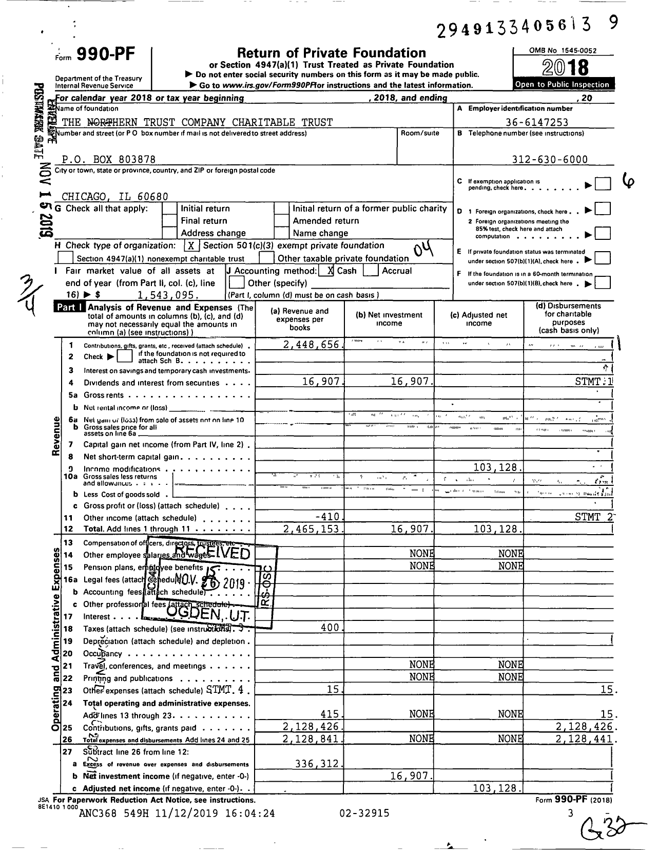 Image of first page of 2018 Form 990PF for The Northern Trust Company Charitable Trust