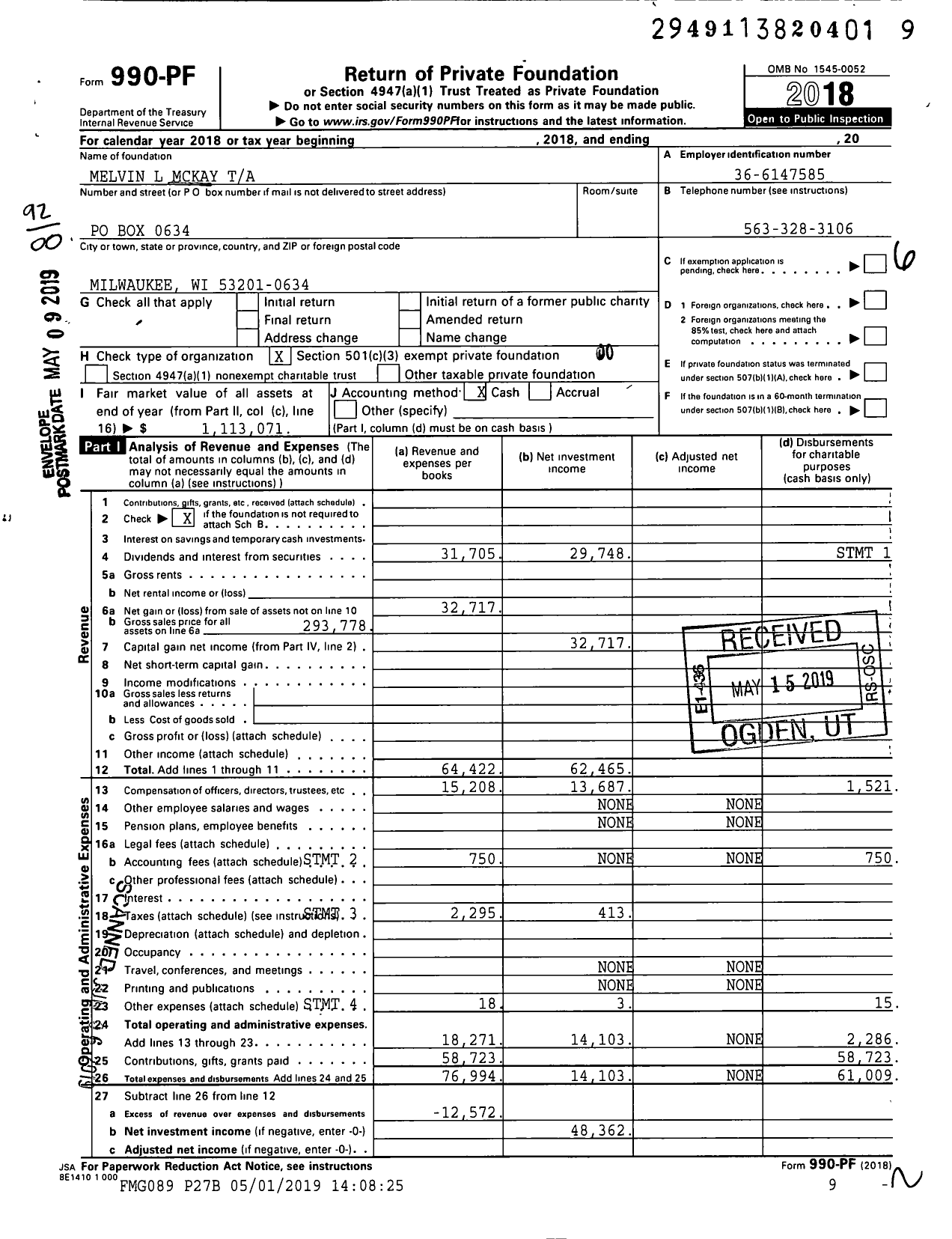 Image of first page of 2018 Form 990PF for Melvin L Mckay Ta