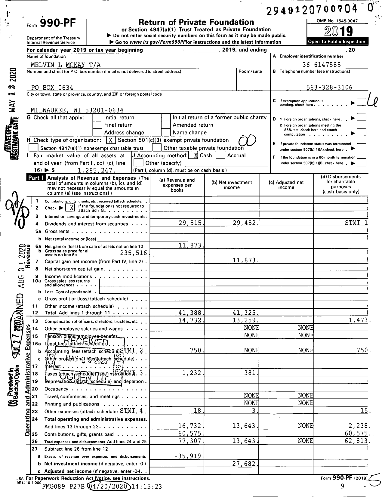 Image of first page of 2019 Form 990PR for Melvin L Mckay Ta