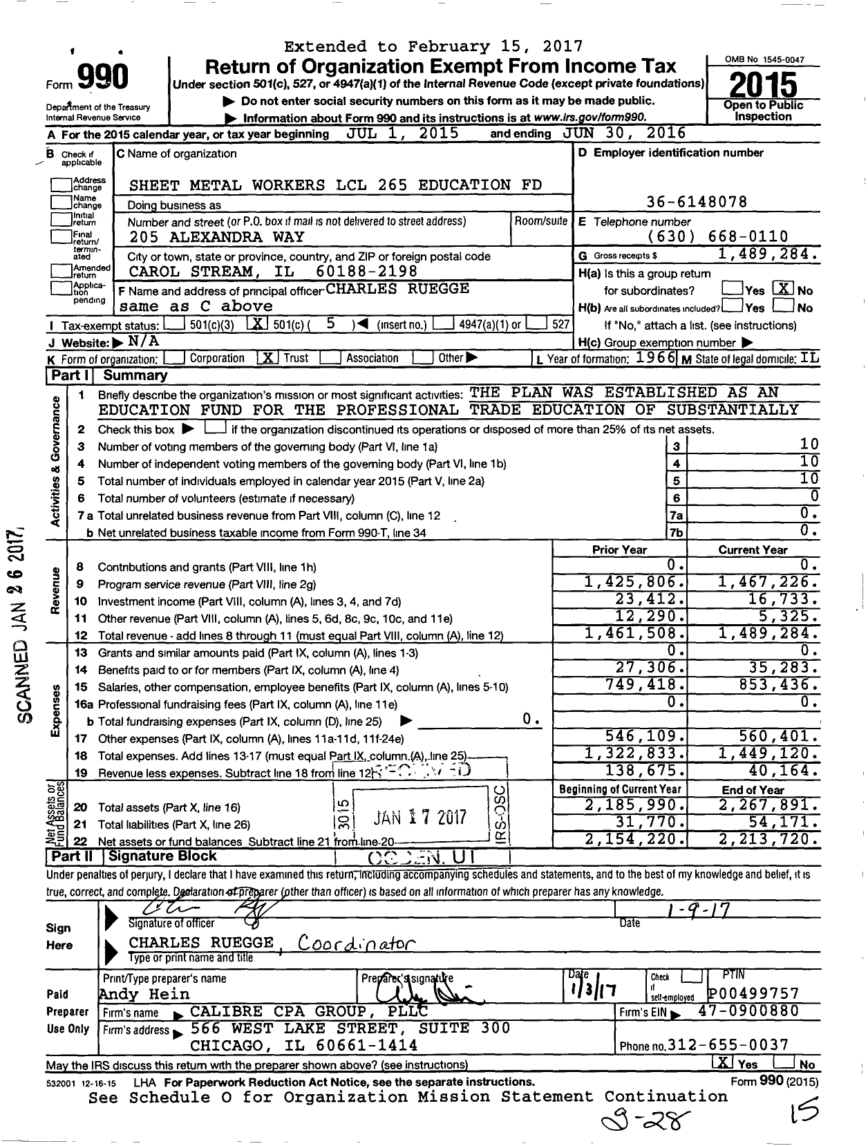 Image of first page of 2015 Form 990O for Smart Local 265 Education and Training Trust Fund
