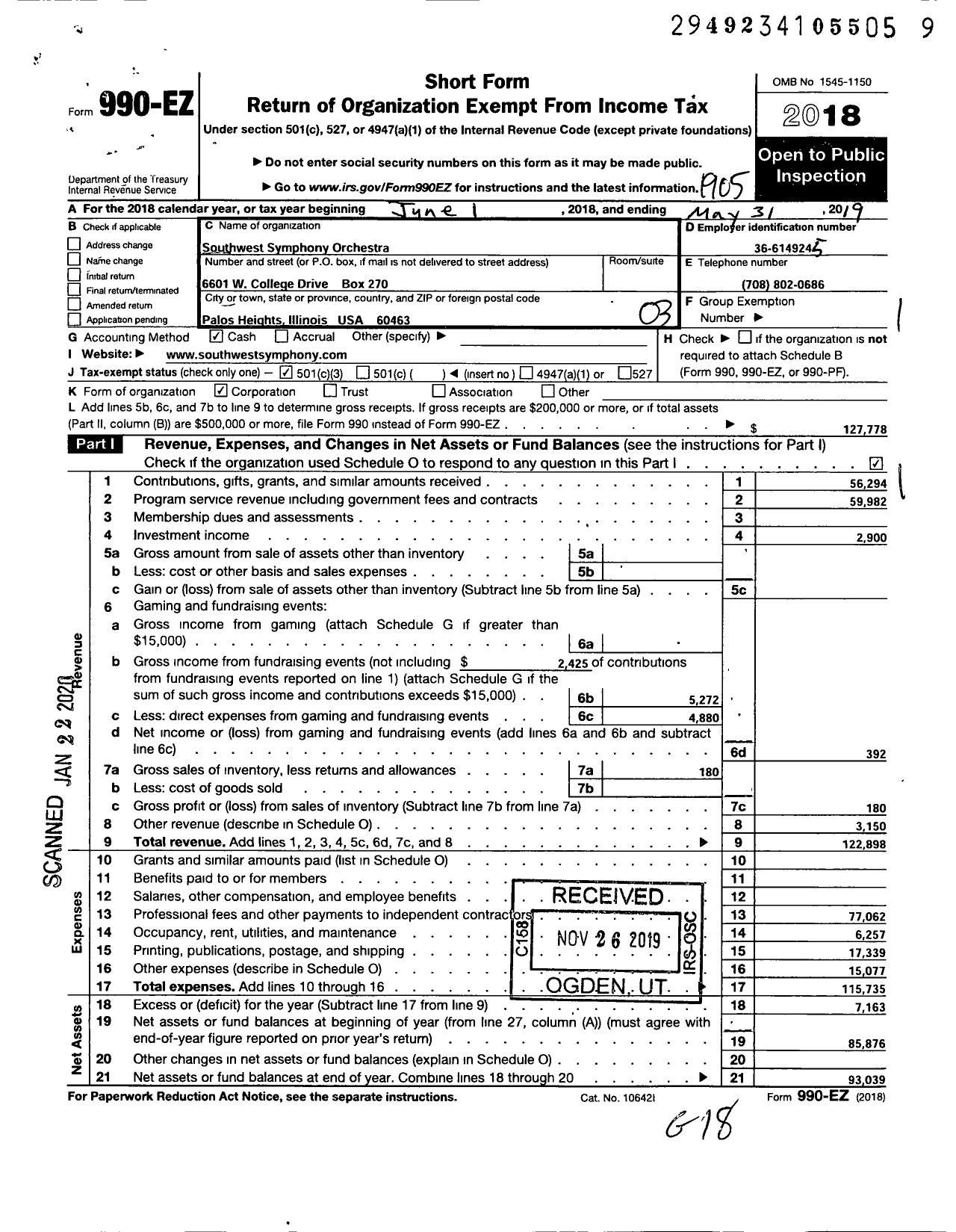 Image of first page of 2018 Form 990EZ for Southwest Symphony Orchestra