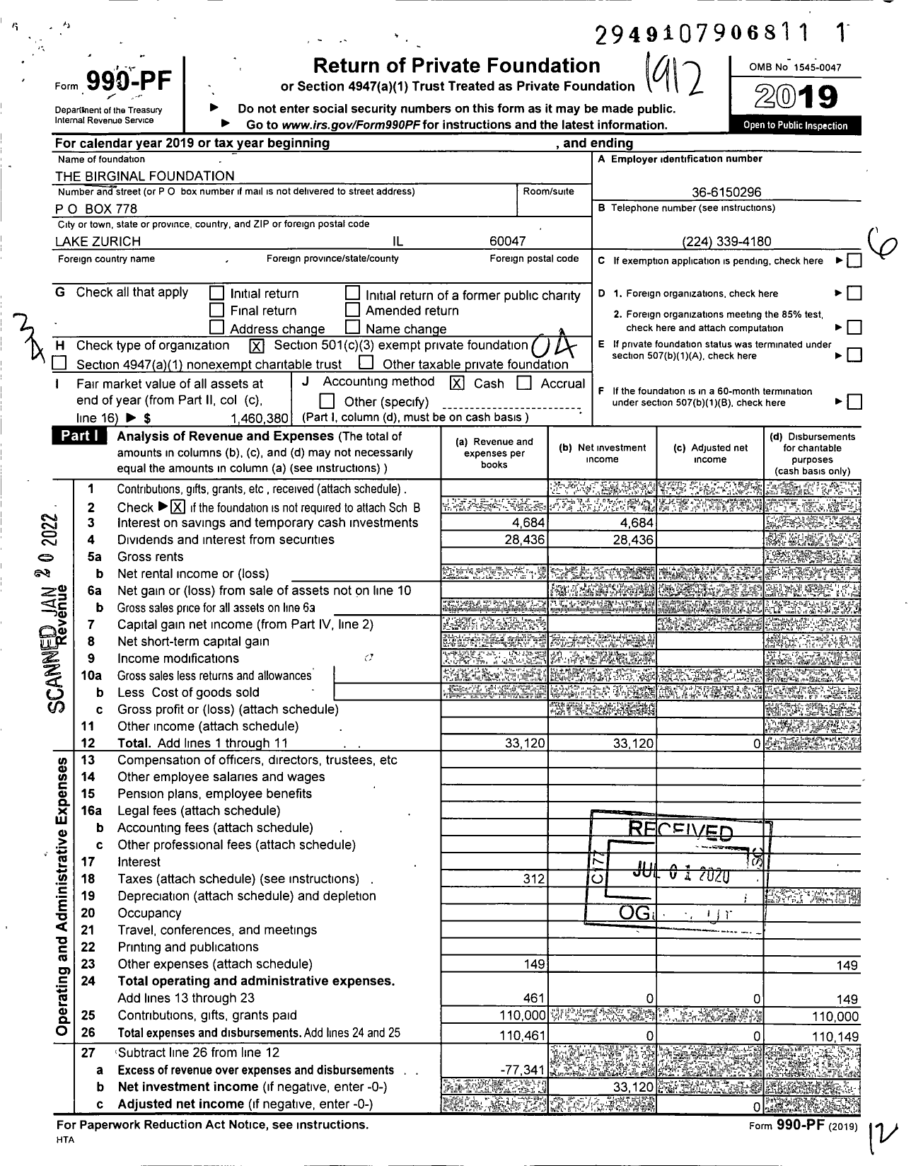 Image of first page of 2019 Form 990PF for The Birginal Foundation