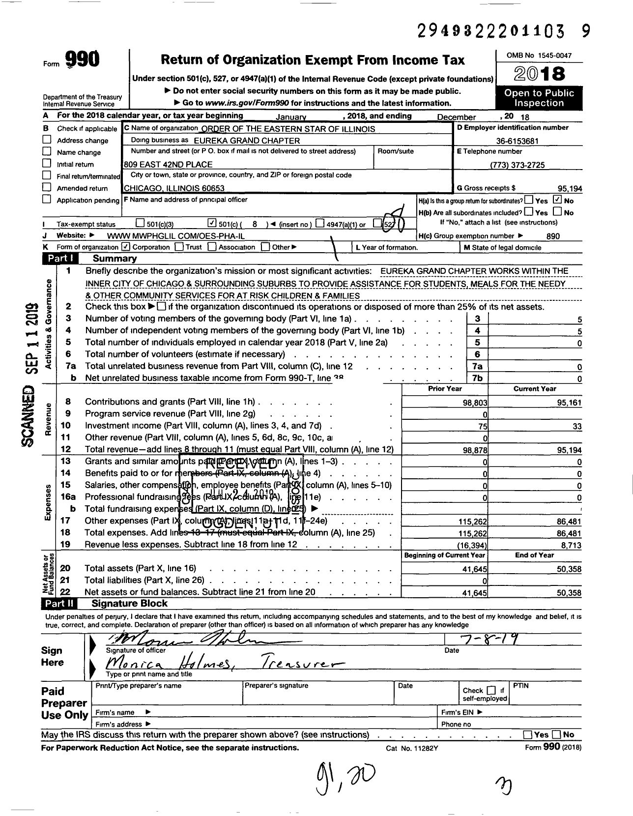 Image of first page of 2018 Form 990O for ORDER OF THE EASTERN STAR OF ILLINOIS EUREKa GRAND CHAPTER