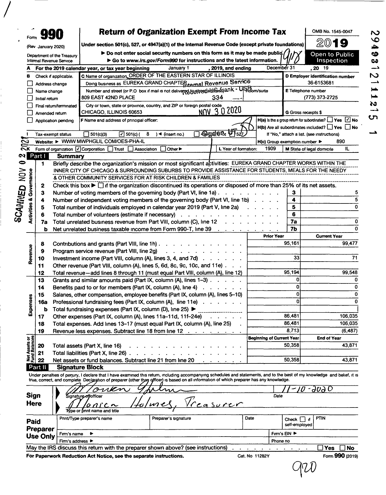 Image of first page of 2019 Form 990O for ORDER OF THE EASTERN STAR OF ILLINOIS EUREKa GRAND CHAPTER