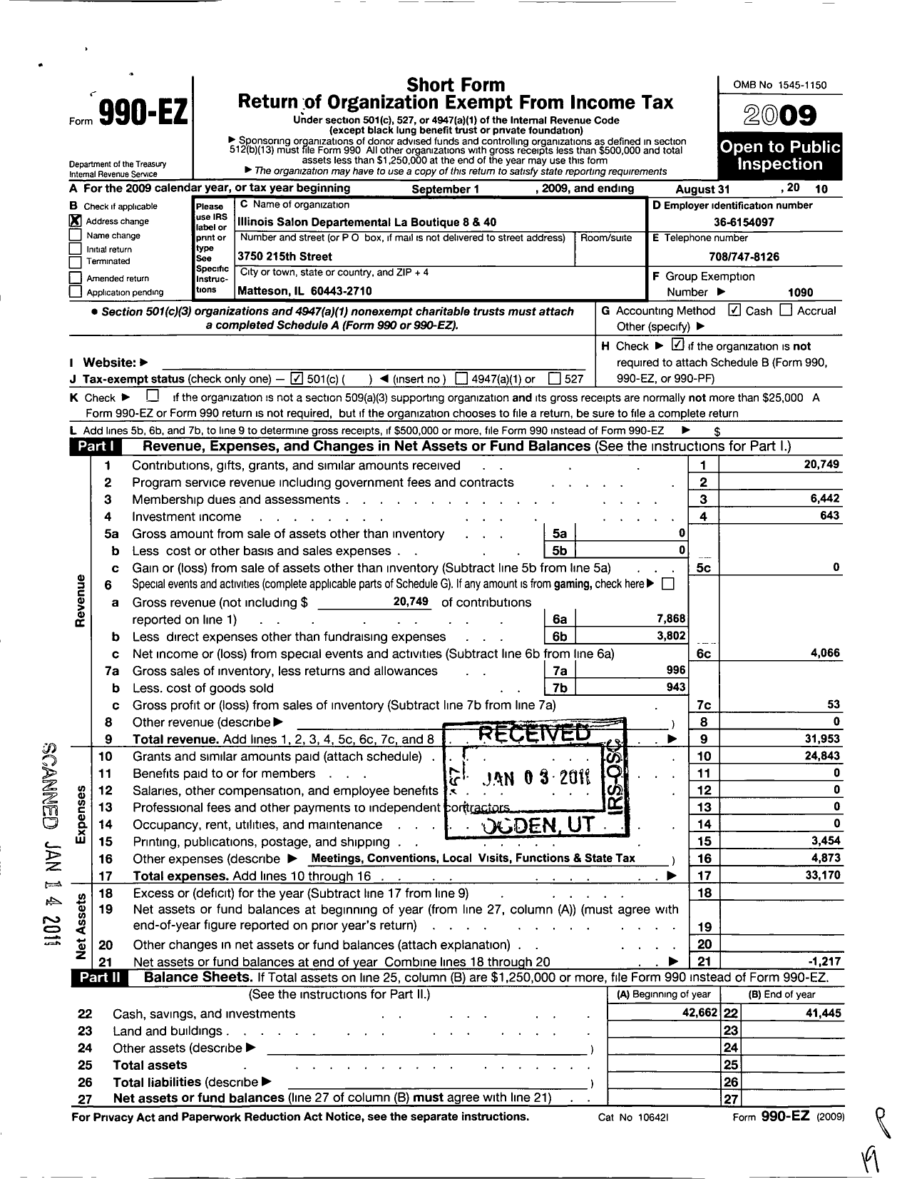 Image of first page of 2009 Form 990EO for Salon National Laboutique Des Huit Chapeaux Et Quarante Femmes - Il Salon Dept La Boutique 8 and 40