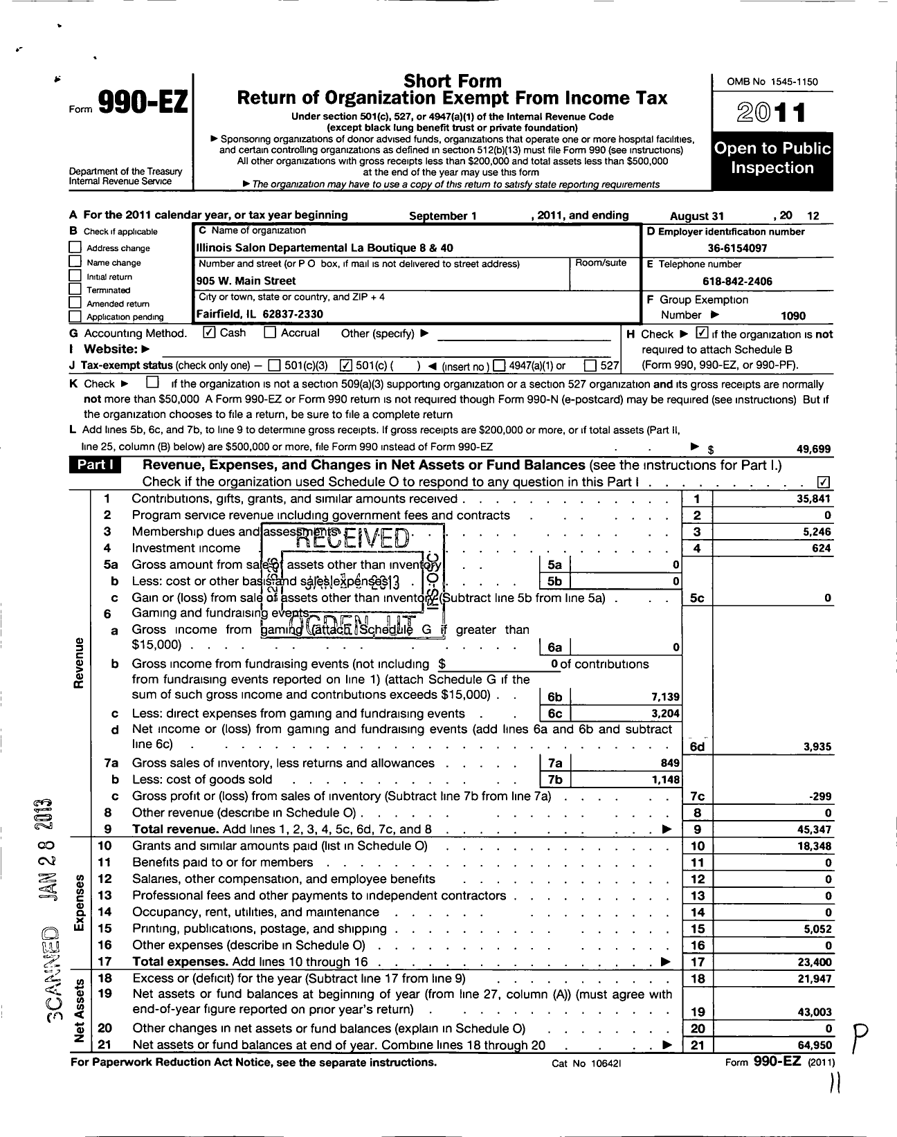 Image of first page of 2011 Form 990EO for Salon National Laboutique Des Huit Chapeaux Et Quarante Femmes - Il Salon Dept La Boutique 8 and 40