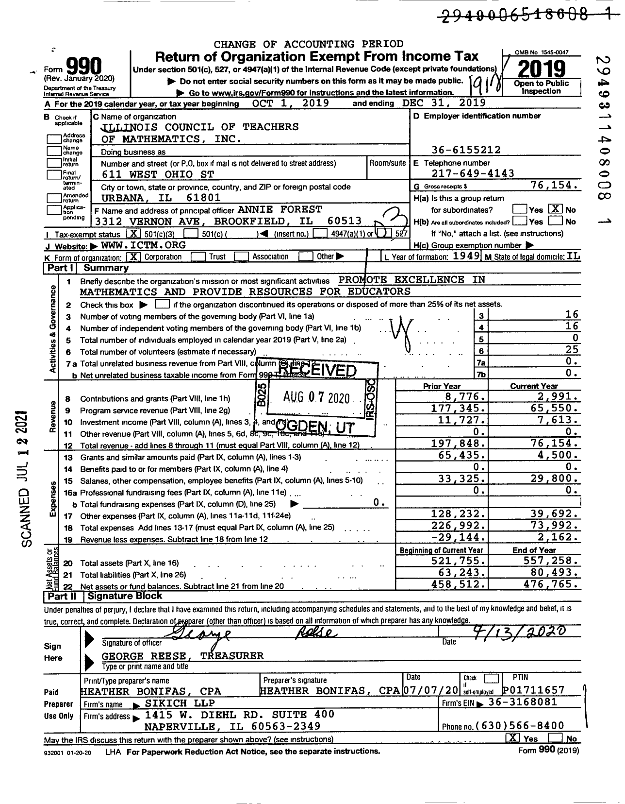 Image of first page of 2019 Form 990 for Illinois Council of Teachers of Mathematics