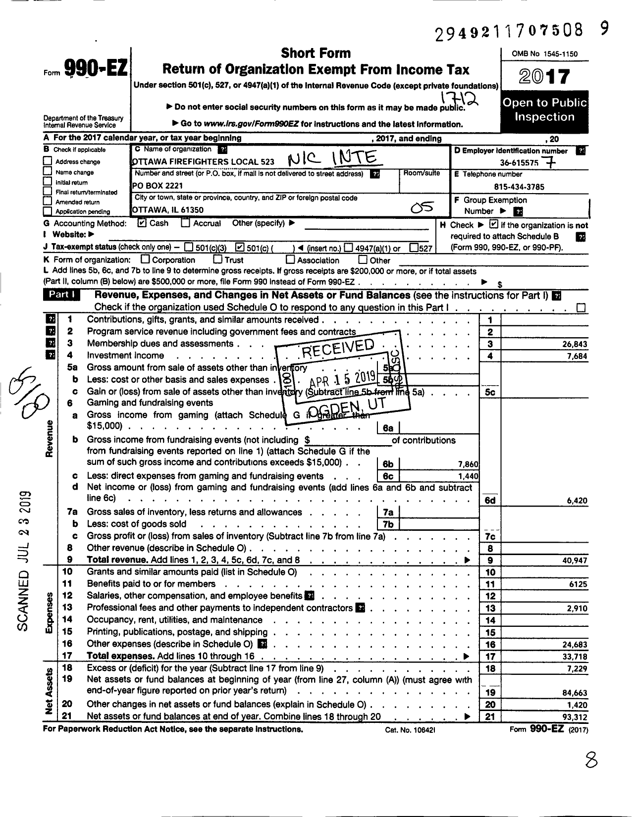 Image of first page of 2017 Form 990EO for International Association of Fire Fighters - L0523 Ottawa