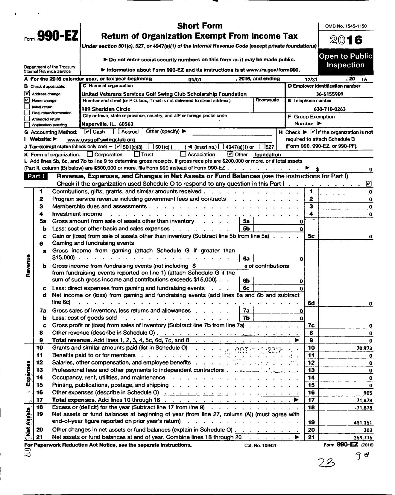 Image of first page of 2016 Form 990EZ for United Veterans Services Golf Swing Club Scholarship Foundation