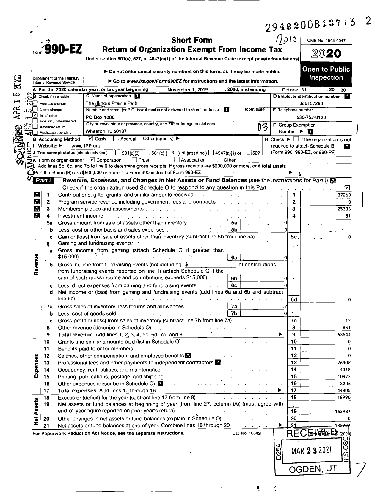 Image of first page of 2019 Form 990EZ for Illinois Prairie Path