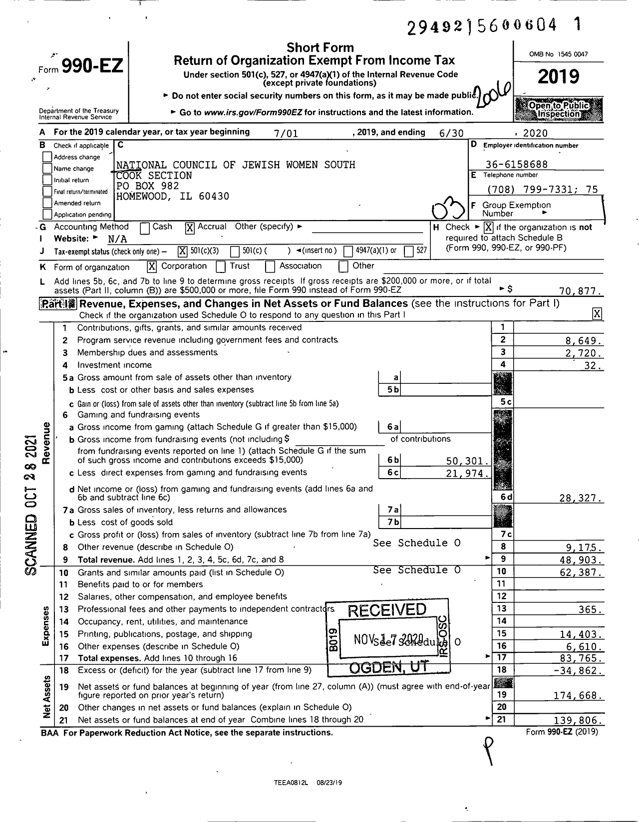 Image of first page of 2019 Form 990EZ for National Council of Jewish Women South Cook Section