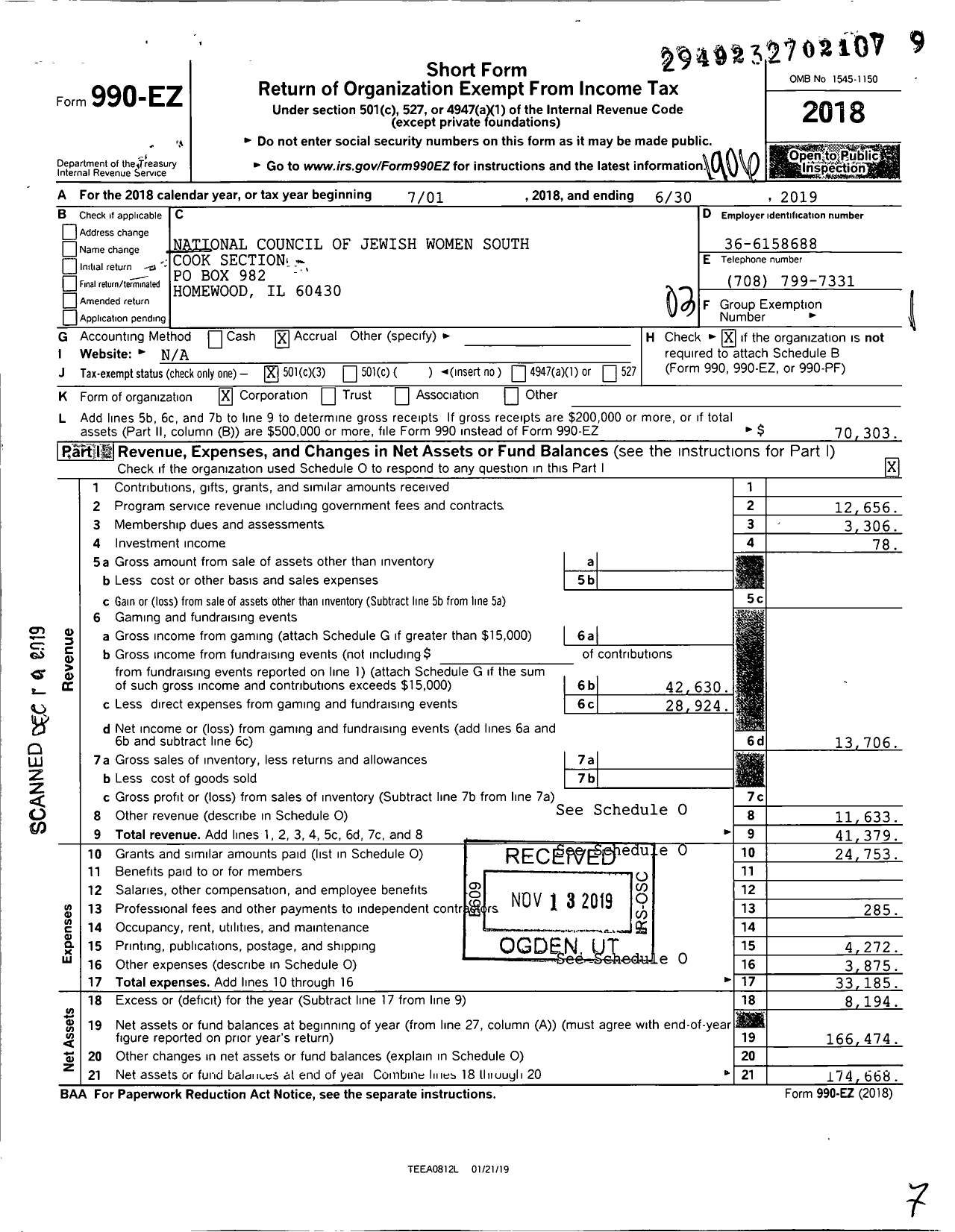 Image of first page of 2018 Form 990EZ for National Council of Jewish Women South Cook Section