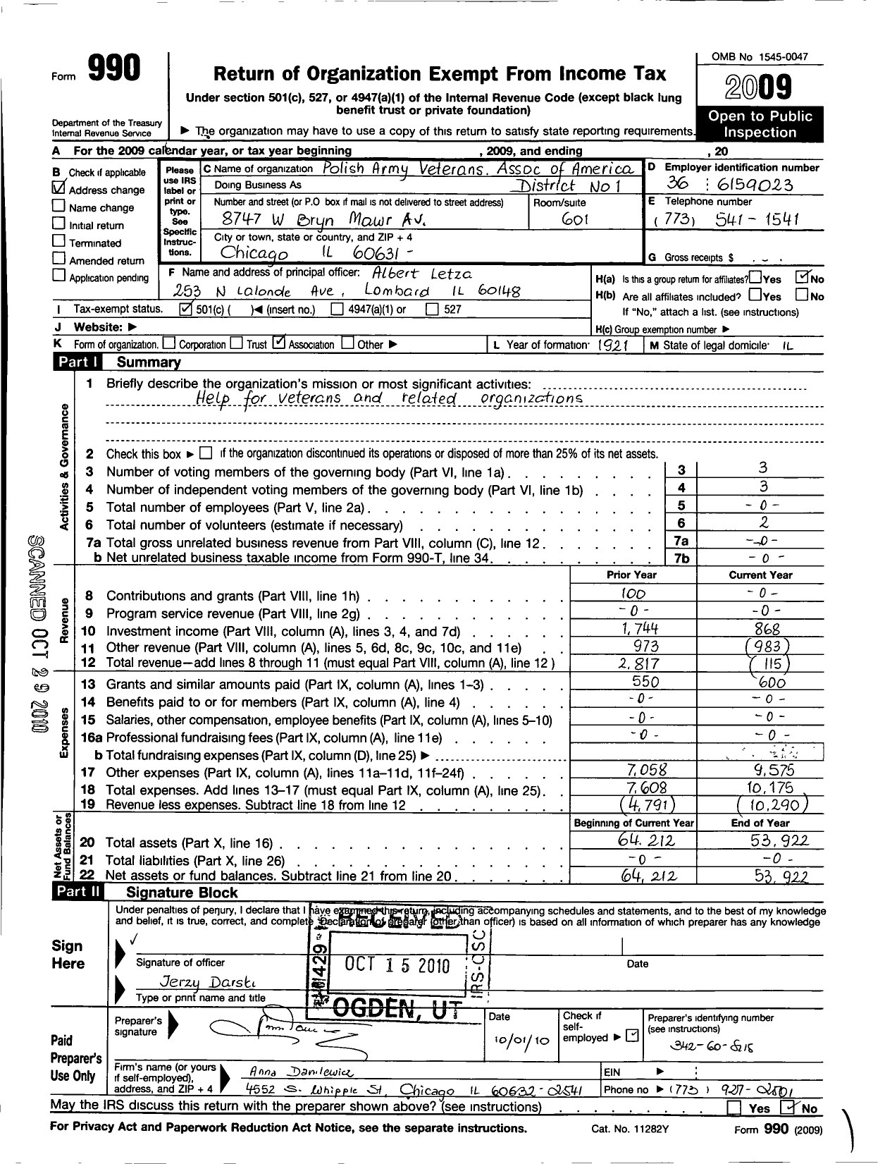 Image of first page of 2009 Form 990O for Polish Army Veterans Association of America - 1 District