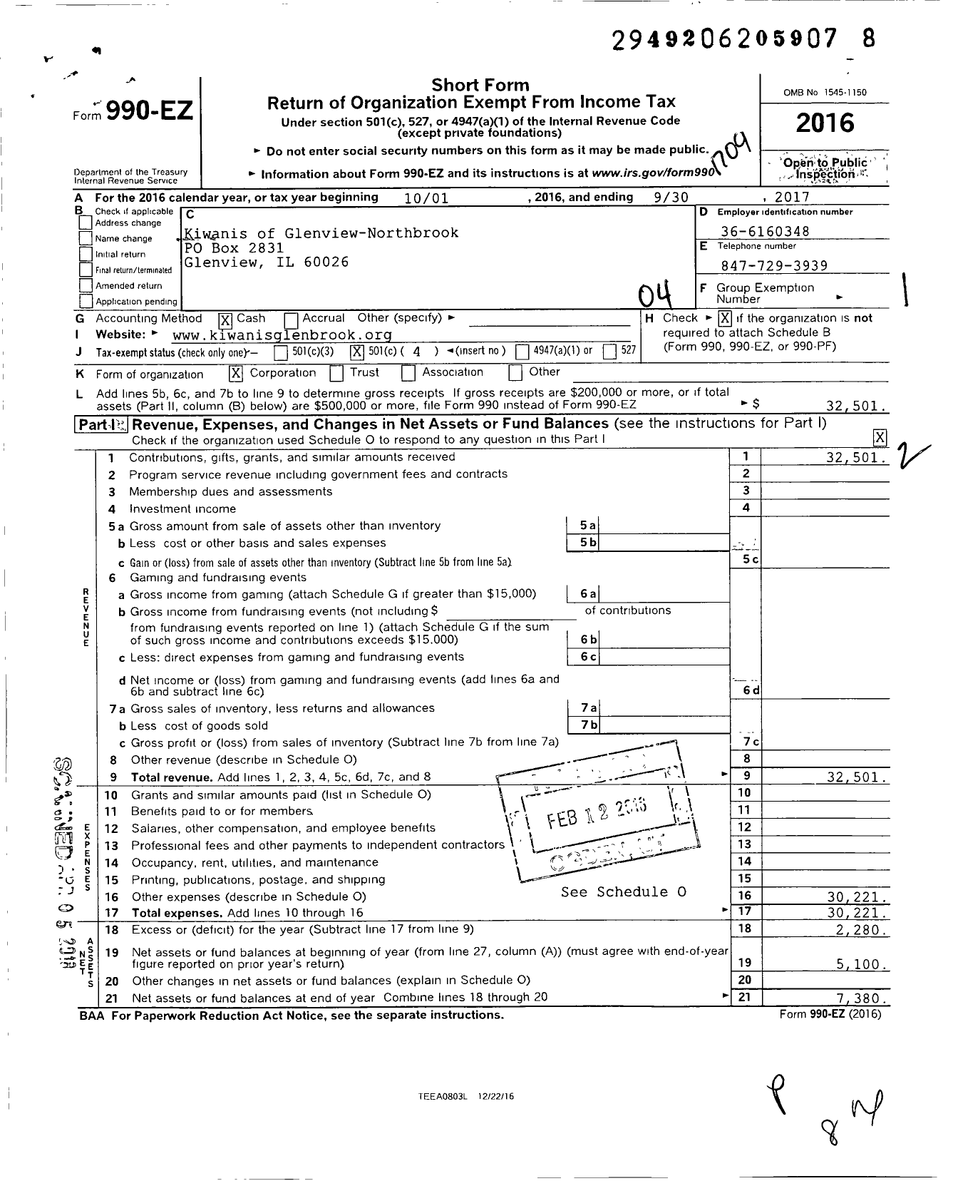 Image of first page of 2016 Form 990EO for Kiwanis International - K06062 Glenview-Northbrook