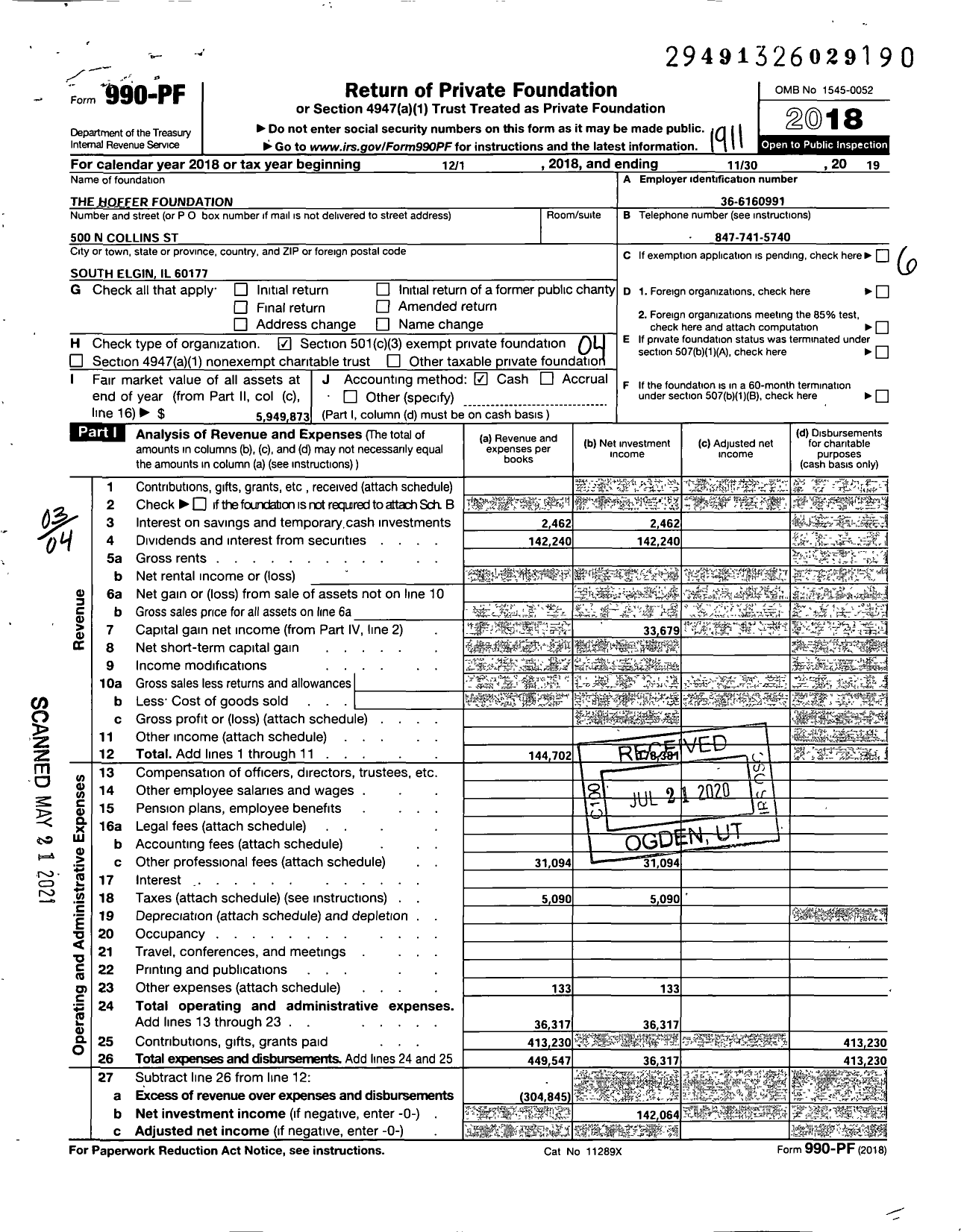 Image of first page of 2018 Form 990PF for Hoffer Foundation