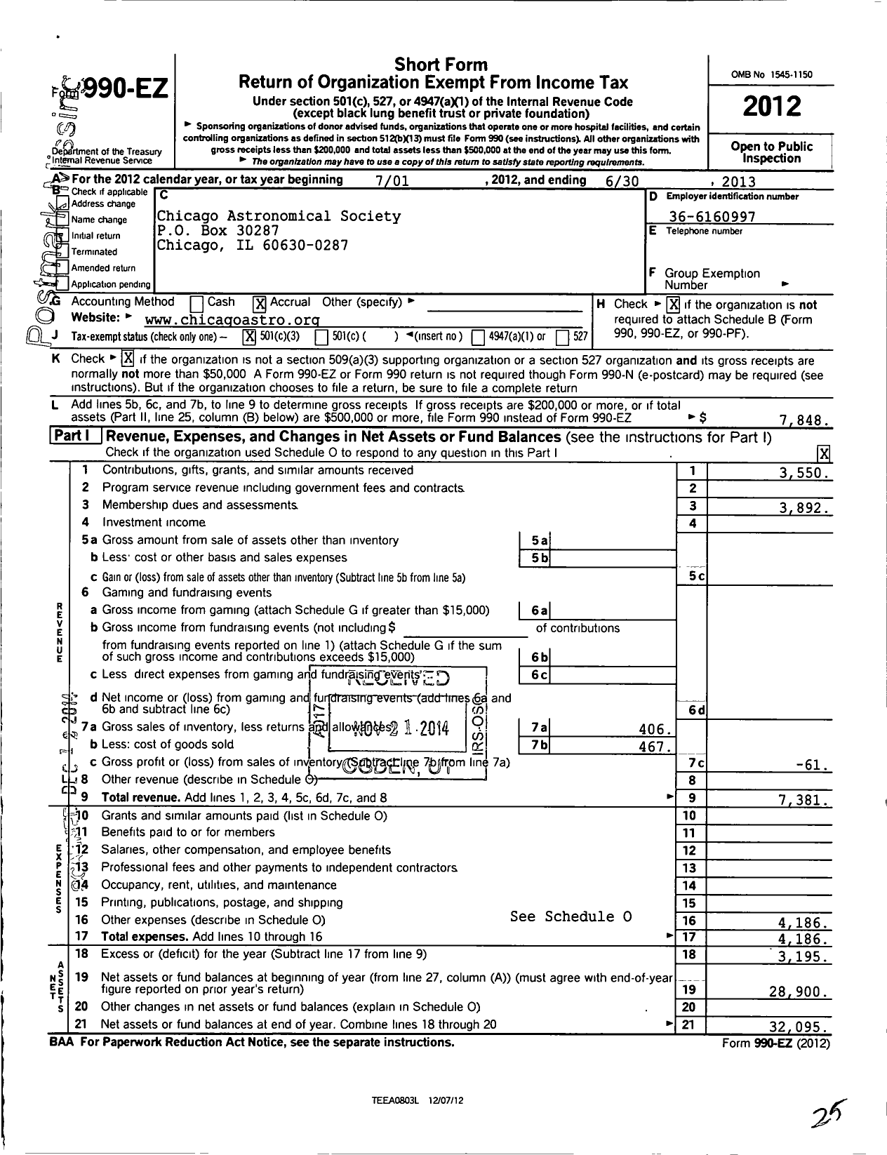 Image of first page of 2012 Form 990EZ for Chicago Astronomical Society