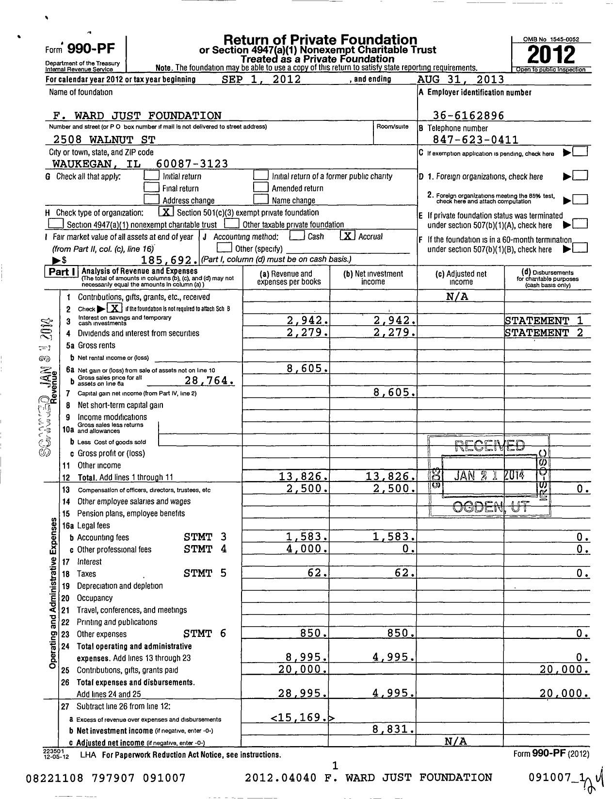 Image of first page of 2012 Form 990PF for F Ward Just Foundation