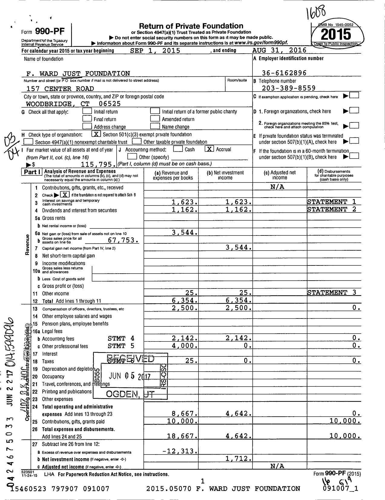 Image of first page of 2015 Form 990PF for F Ward Just Foundation