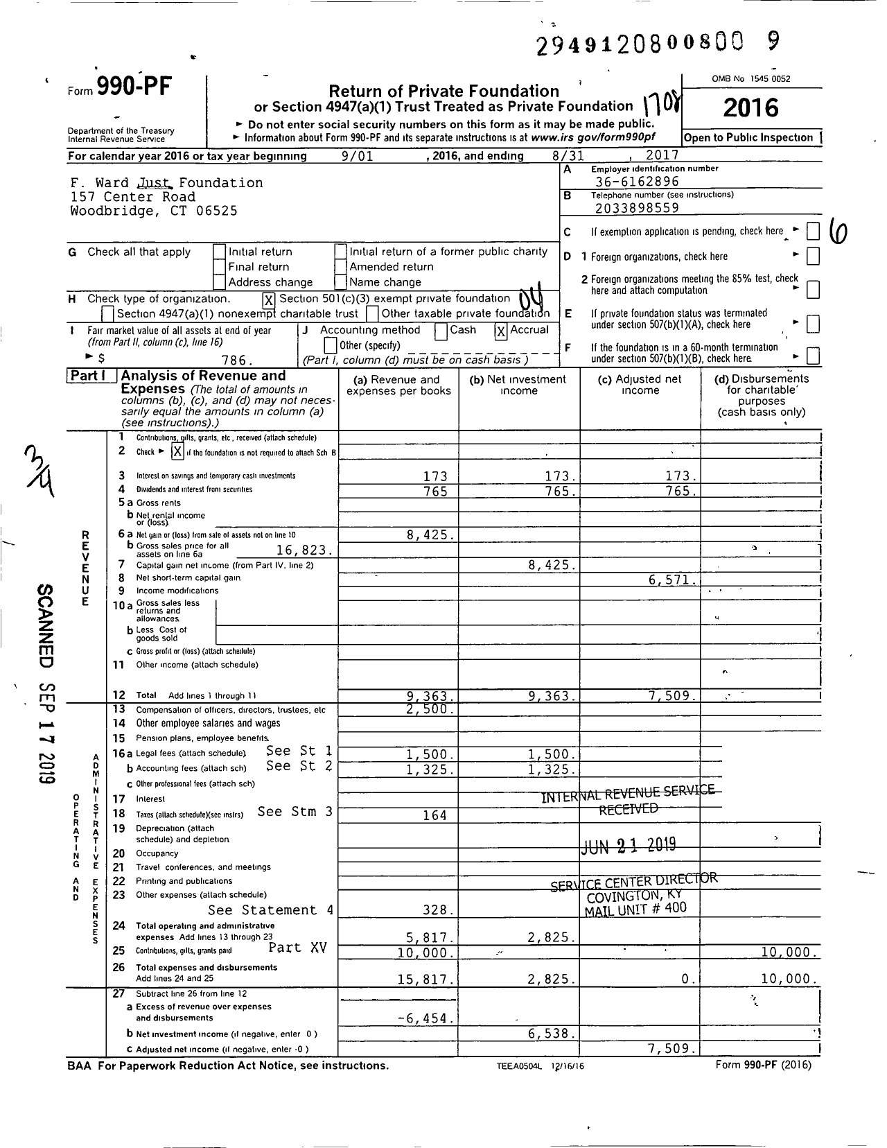 Image of first page of 2016 Form 990PF for F Ward Just Foundation