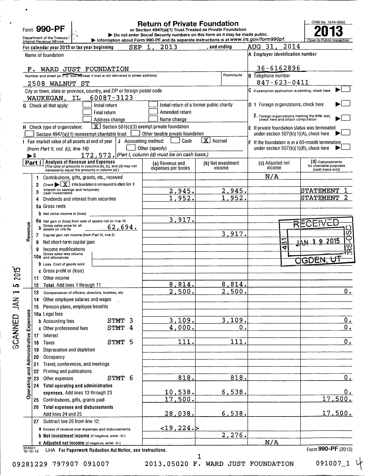 Image of first page of 2013 Form 990PF for F Ward Just Foundation