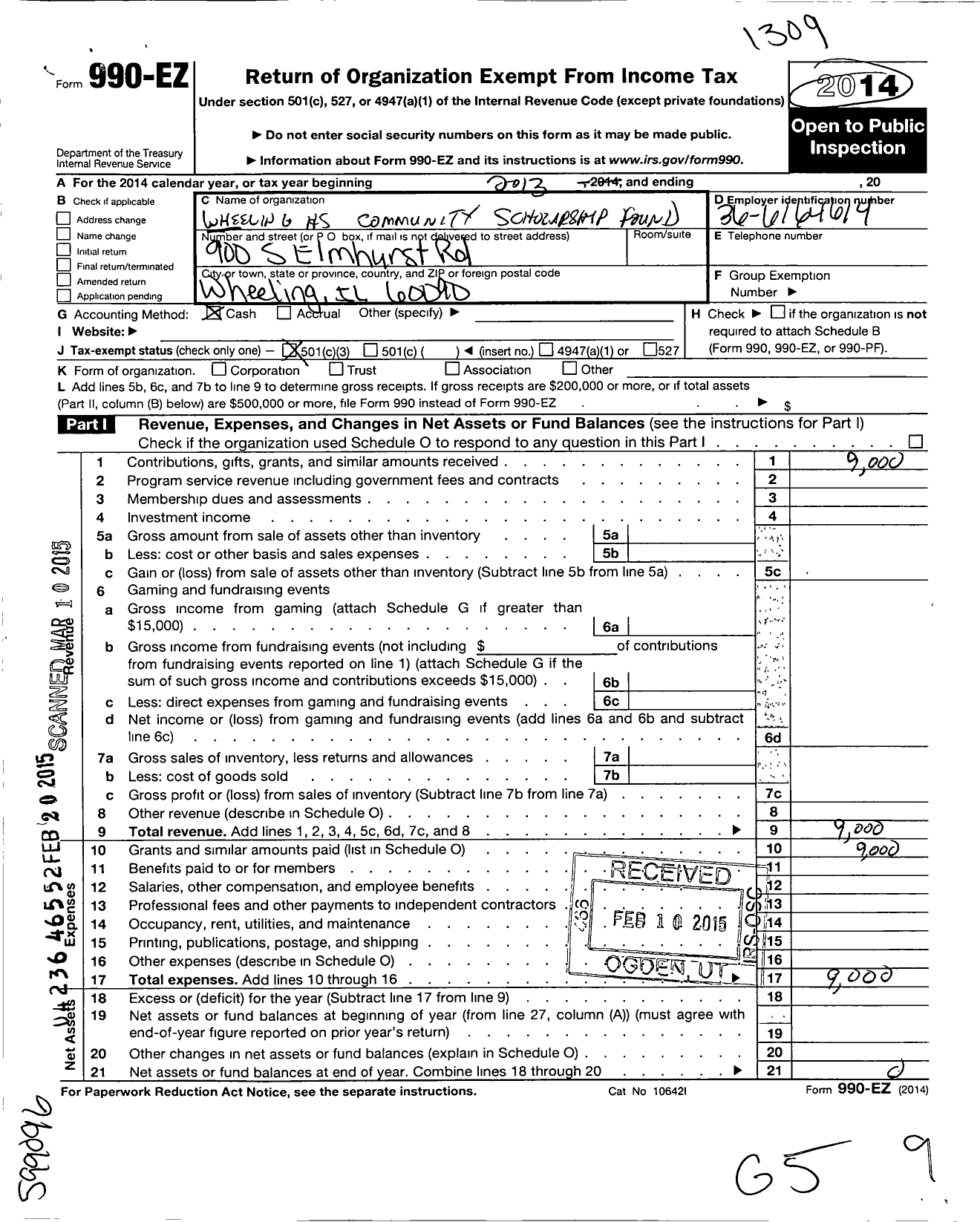 Image of first page of 2012 Form 990EZ for Wheeling High School Community Scholarship Fund