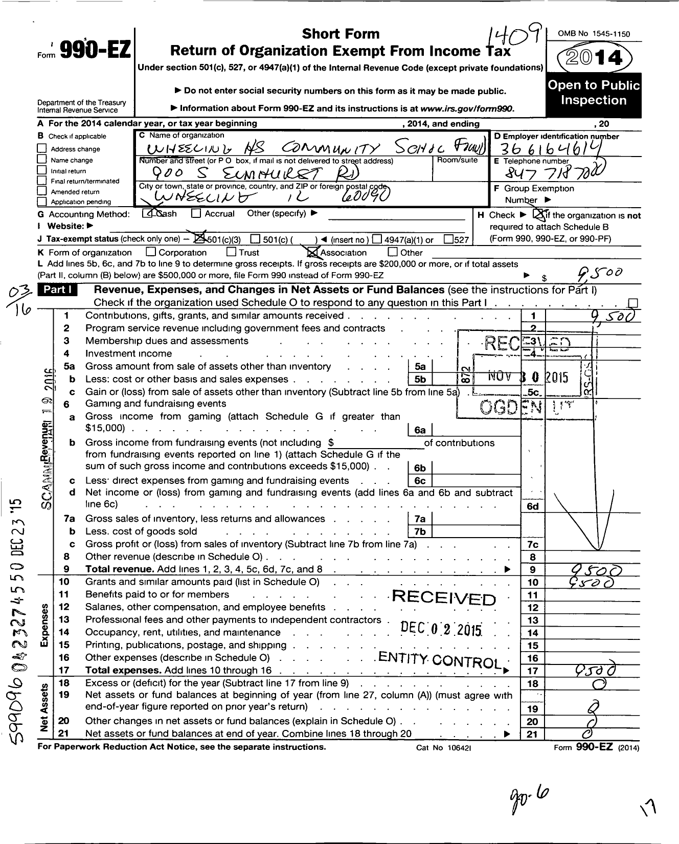 Image of first page of 2013 Form 990EZ for Wheeling High School Community Scholarship Fund