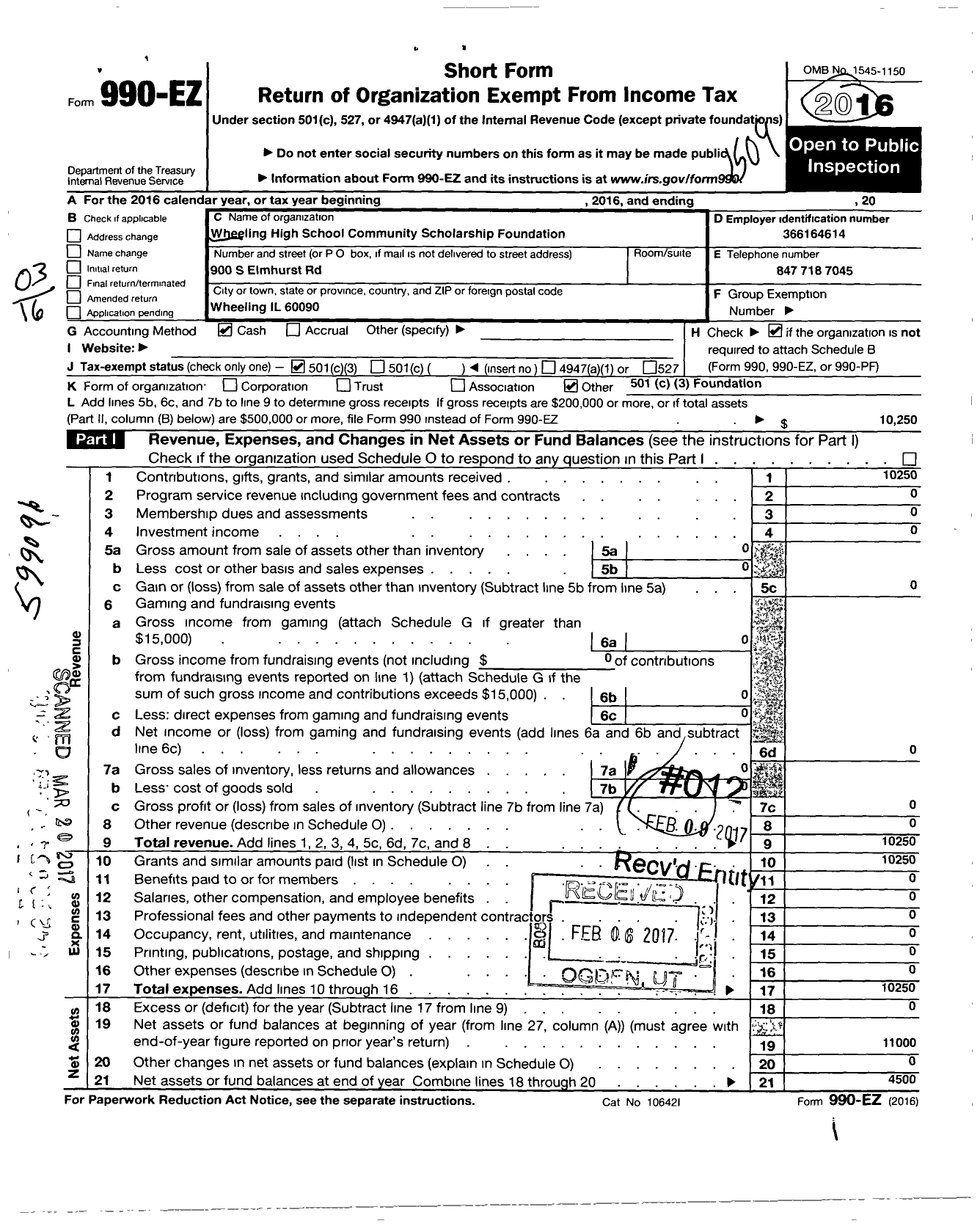 Image of first page of 2014 Form 990EZ for Wheeling High School Community Scholarship Fund