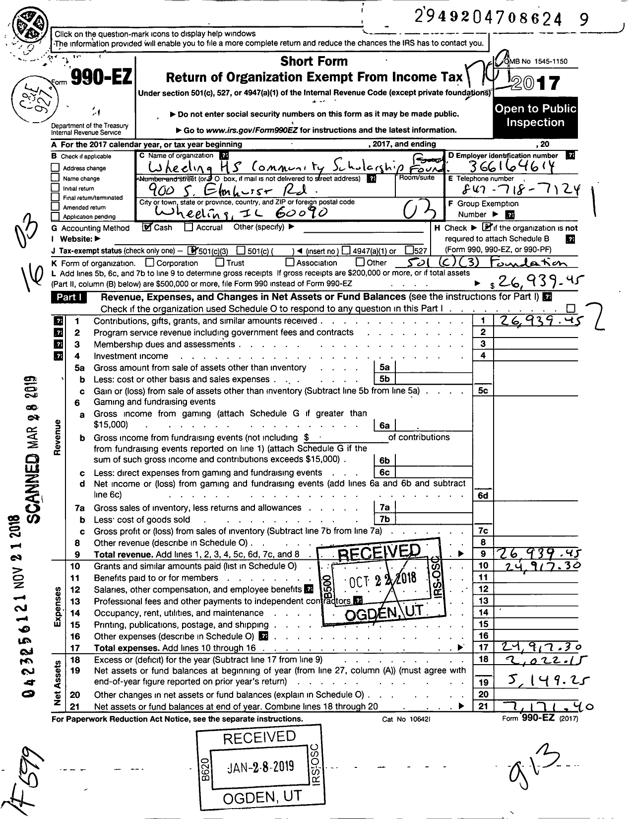 Image of first page of 2016 Form 990EZ for Wheeling High School Community Scholarship Fund