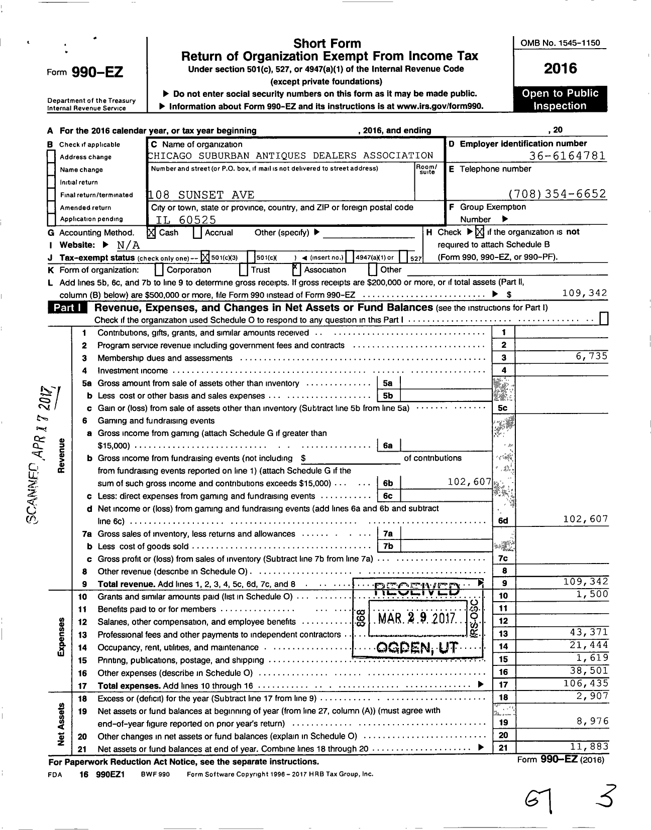 Image of first page of 2016 Form 990EZ for Chicago Suburban Antiques Dealers Association