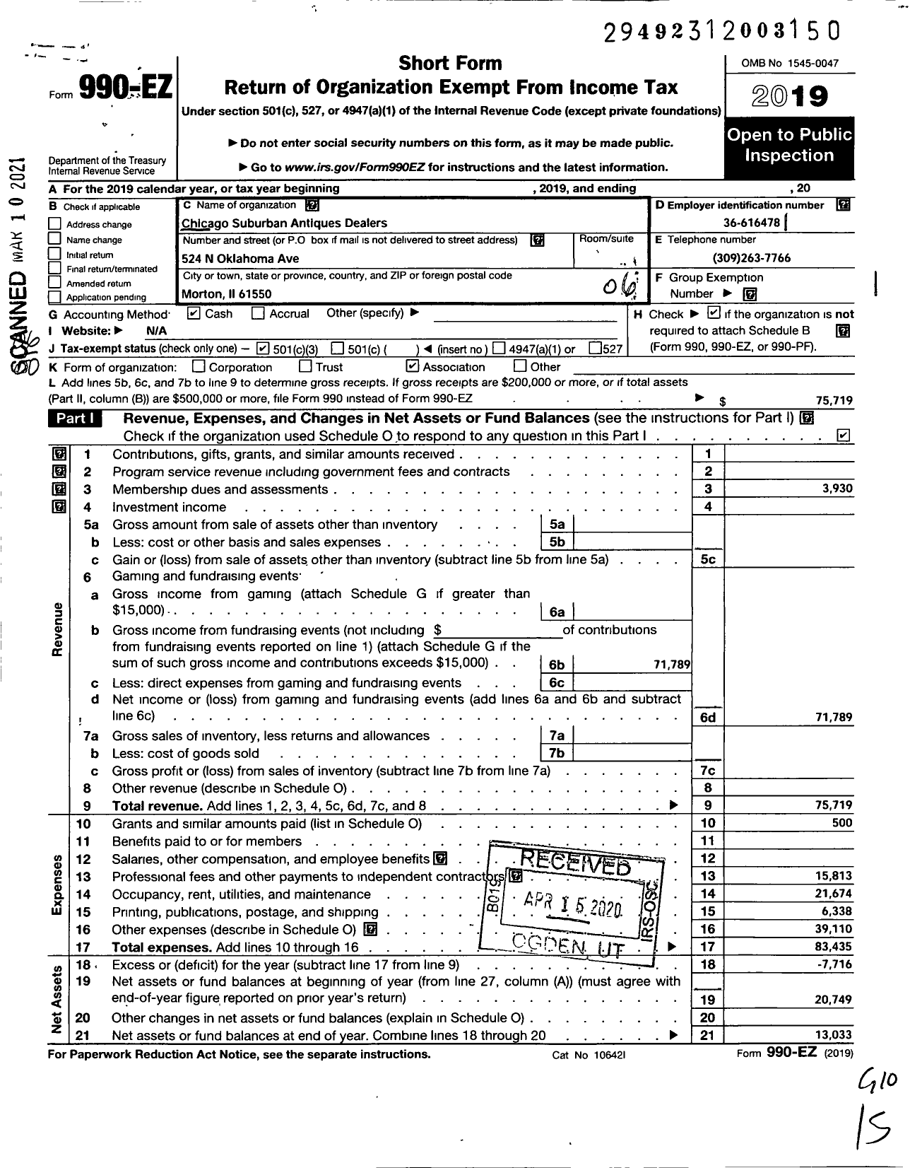 Image of first page of 2019 Form 990EO for Chicago Suburban Antiques Dealers Association