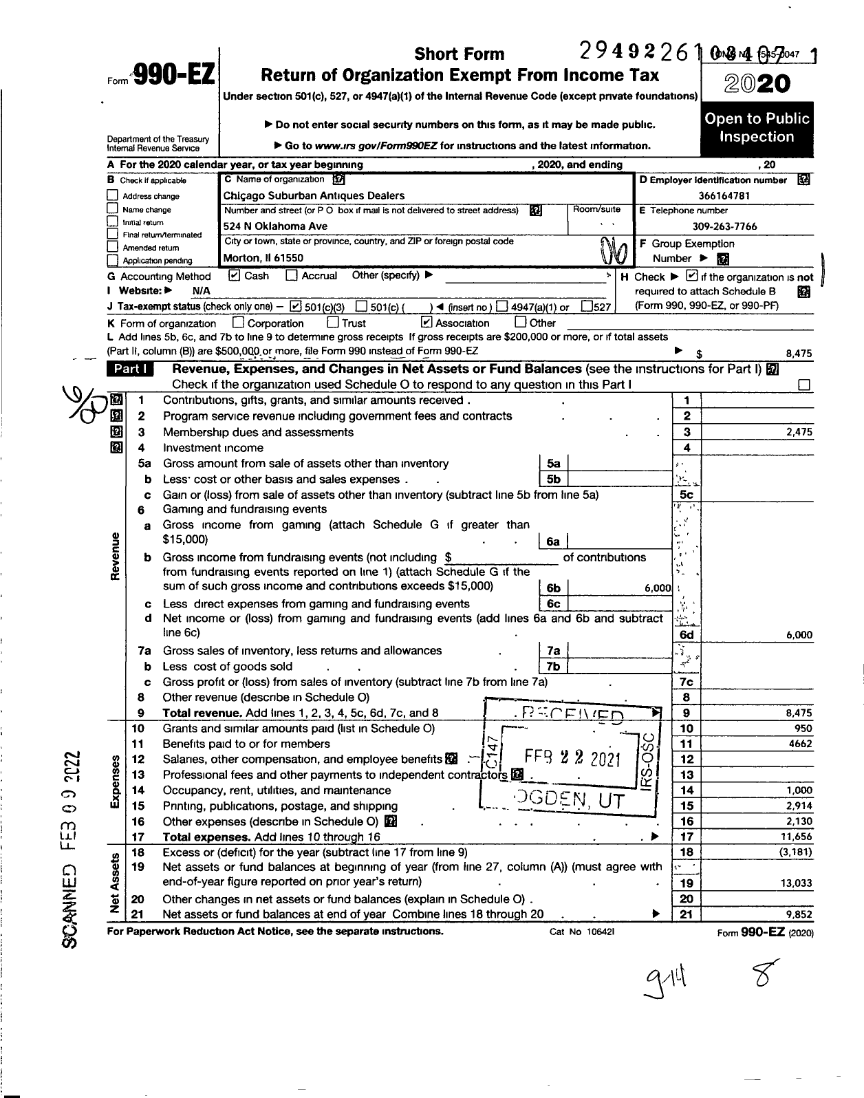 Image of first page of 2020 Form 990EO for Chicago Suburban Antiques Dealers Association