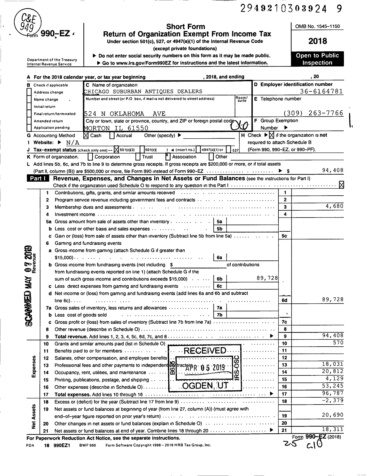 Image of first page of 2018 Form 990EO for Chicago Suburban Antiques Dealers Association