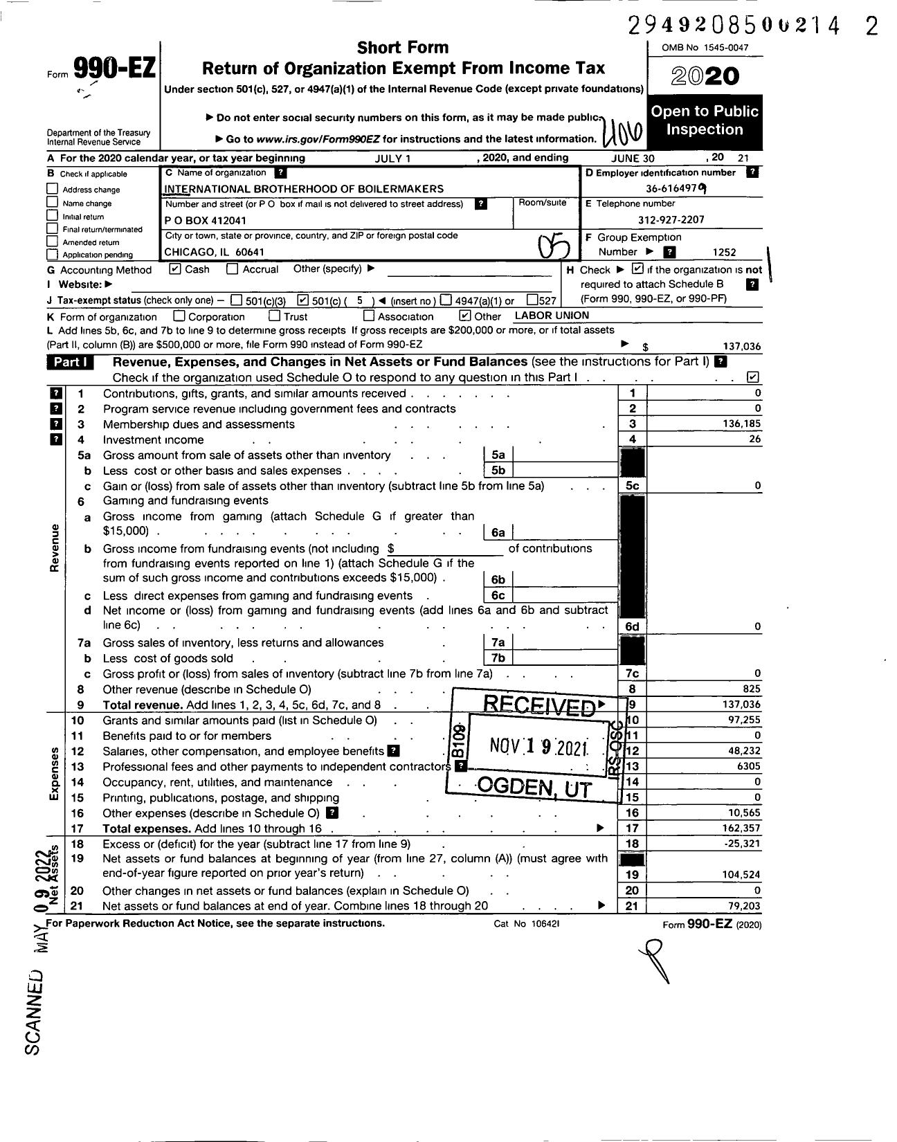 Image of first page of 2020 Form 990EO for International Brotherhood of Boilermakers - 1247 Lodge