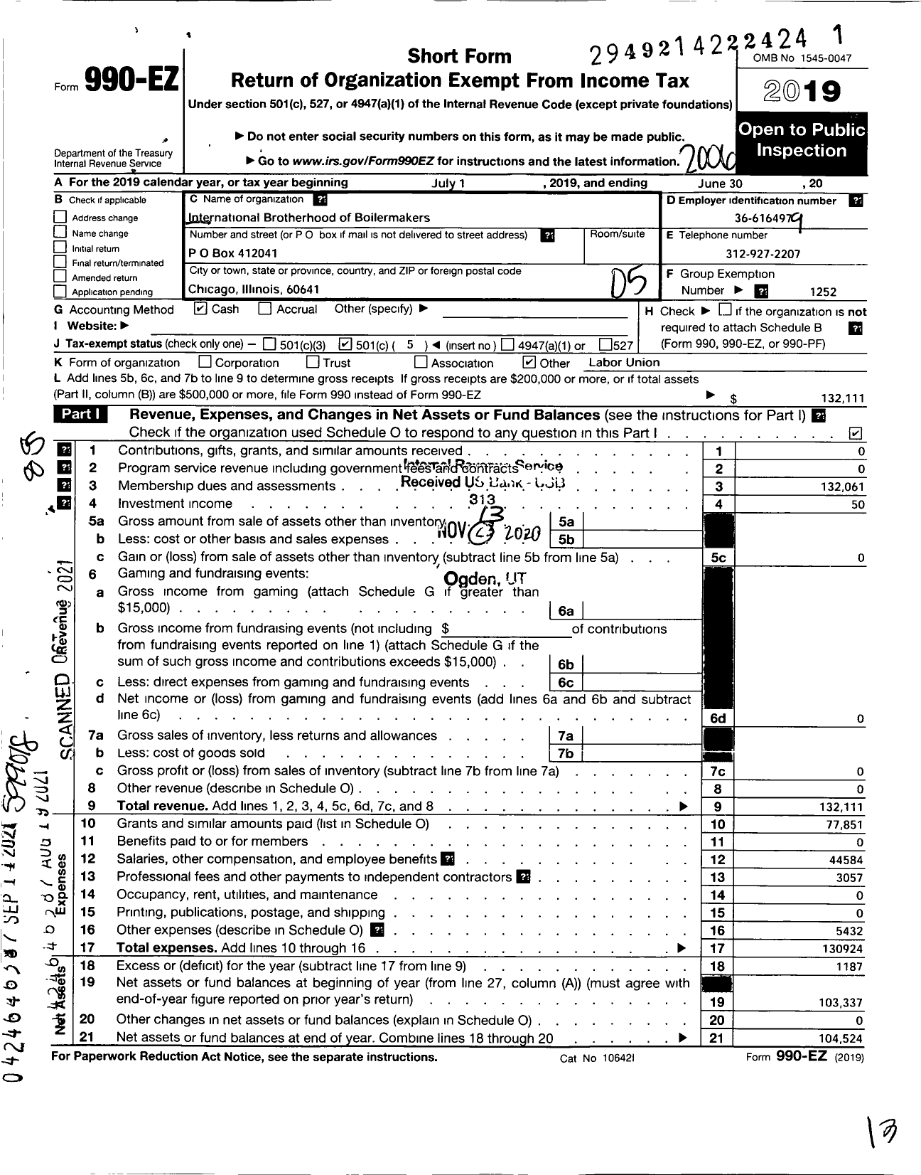 Image of first page of 2019 Form 990EO for International Brotherhood of Boilermakers - 1247 Lodge