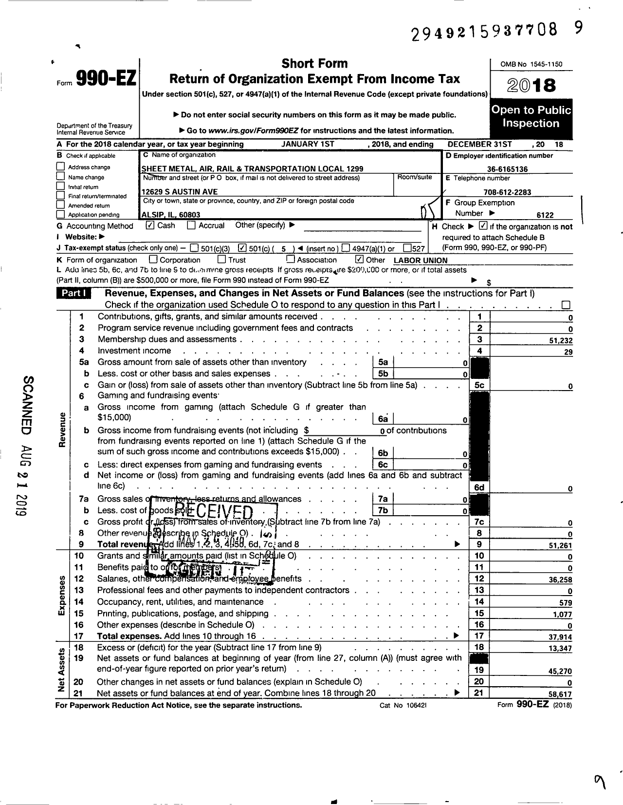 Image of first page of 2018 Form 990EO for Smart Union - 1299 TD