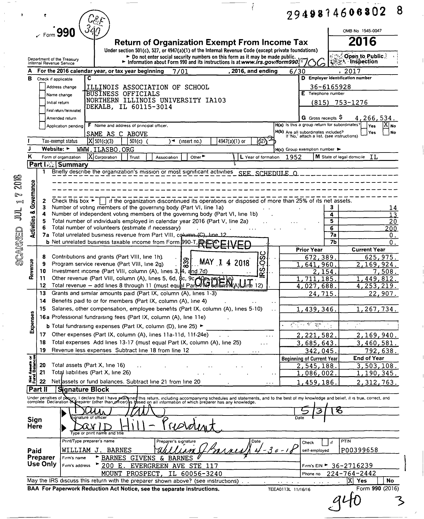 Image of first page of 2016 Form 990 for Illinois ASBO