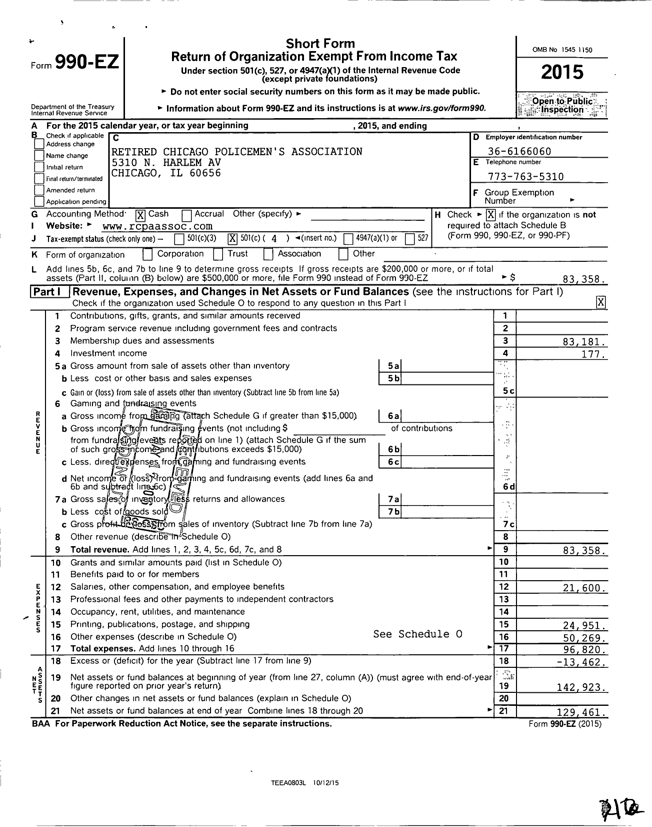 Image of first page of 2015 Form 990EO for Retired Chicago Policemens Association