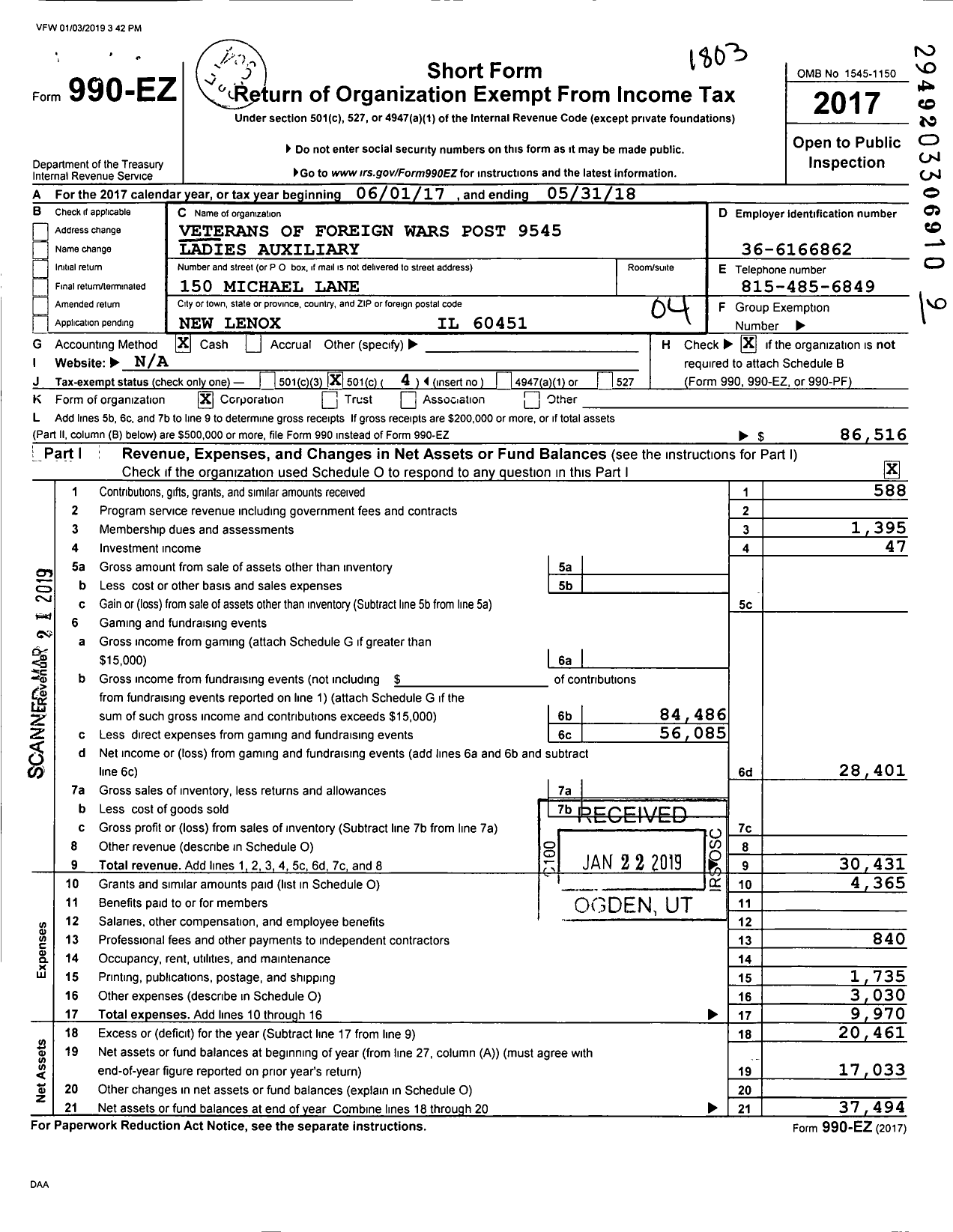 Image of first page of 2017 Form 990EO for Department of Illinois VFW Auxiliary - 9545 Harry E Anderson VFW Auxiliary