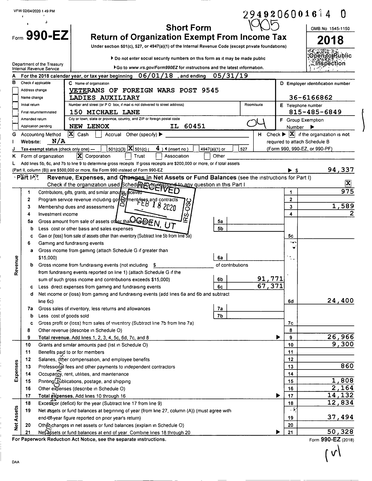 Image of first page of 2018 Form 990EO for Department of Illinois VFW Auxiliary - 9545 Harry E Anderson VFW Auxiliary