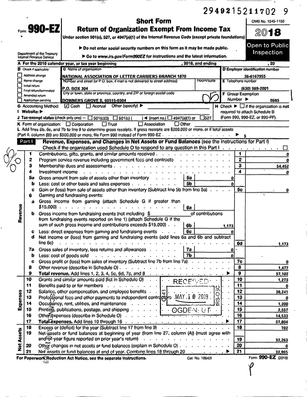 Image of first page of 2018 Form 990EO for National Association of Letter Carriers - 1870 Downers Grove Illinois