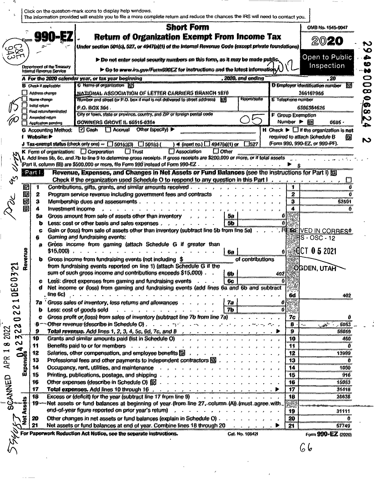 Image of first page of 2020 Form 990EO for National Association of Letter Carriers - 1870 Downers Grove Illinois