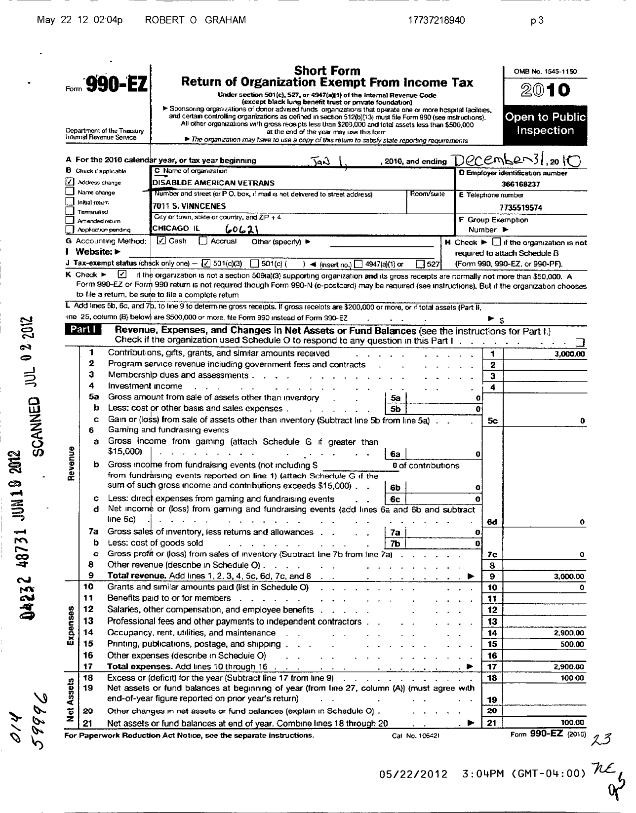 Image of first page of 2010 Form 990EZ for DISABLED AMERICAN Veterans - 6 J H Patton