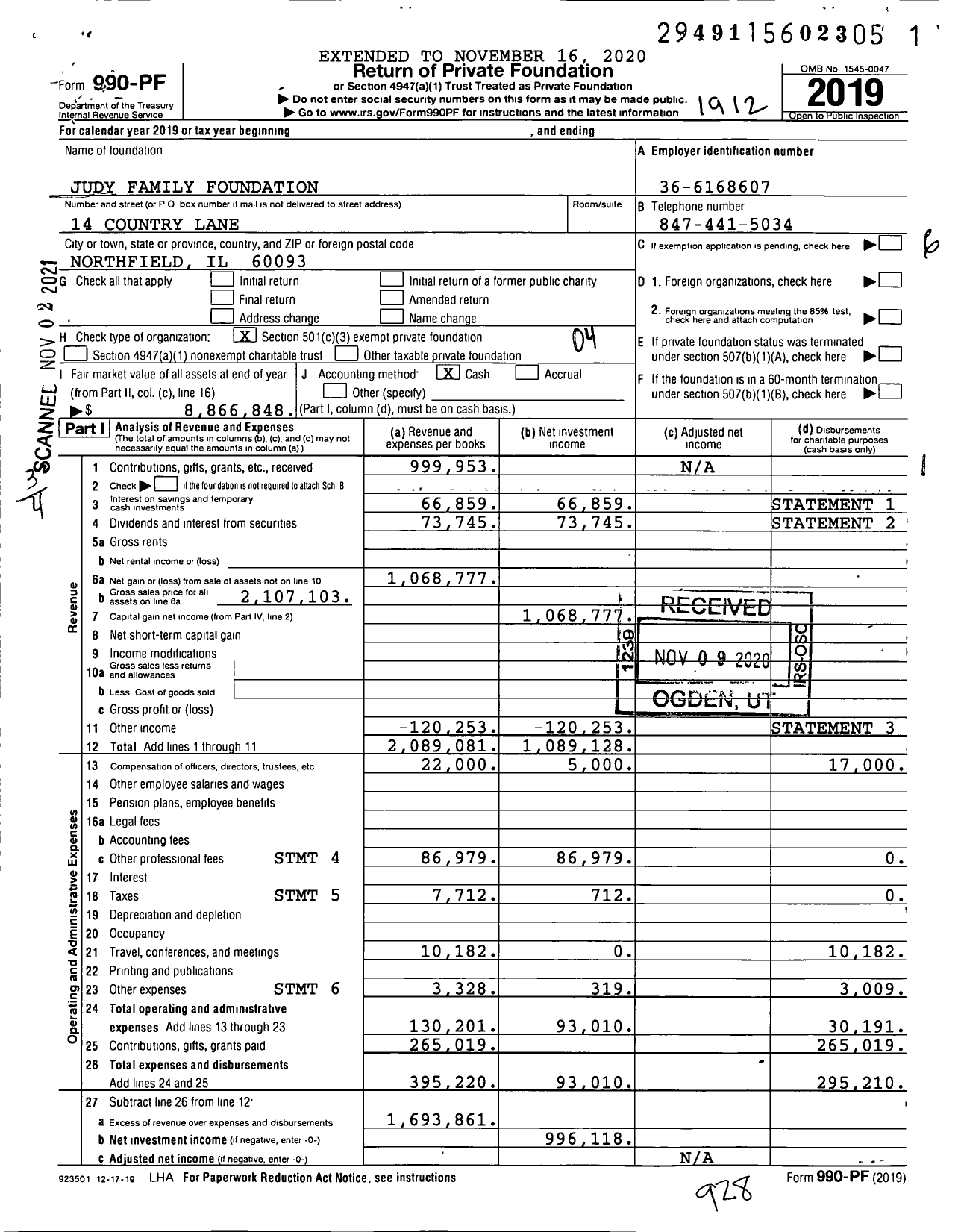 Image of first page of 2019 Form 990PF for Judy Family Foundation