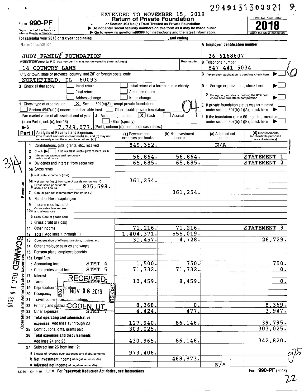 Image of first page of 2018 Form 990PF for Judy Family Foundation