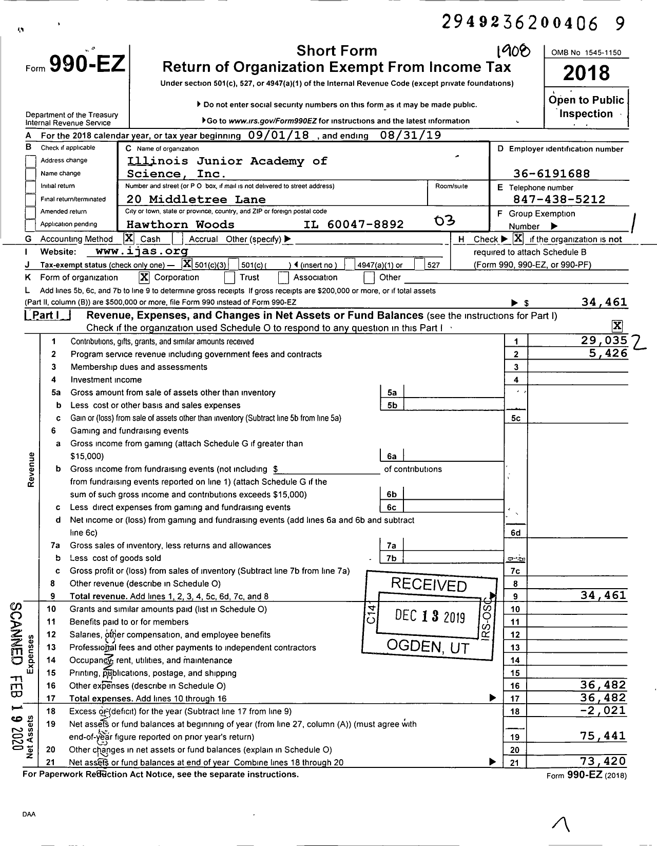 Image of first page of 2018 Form 990EZ for Illinois Junior Academy of Science