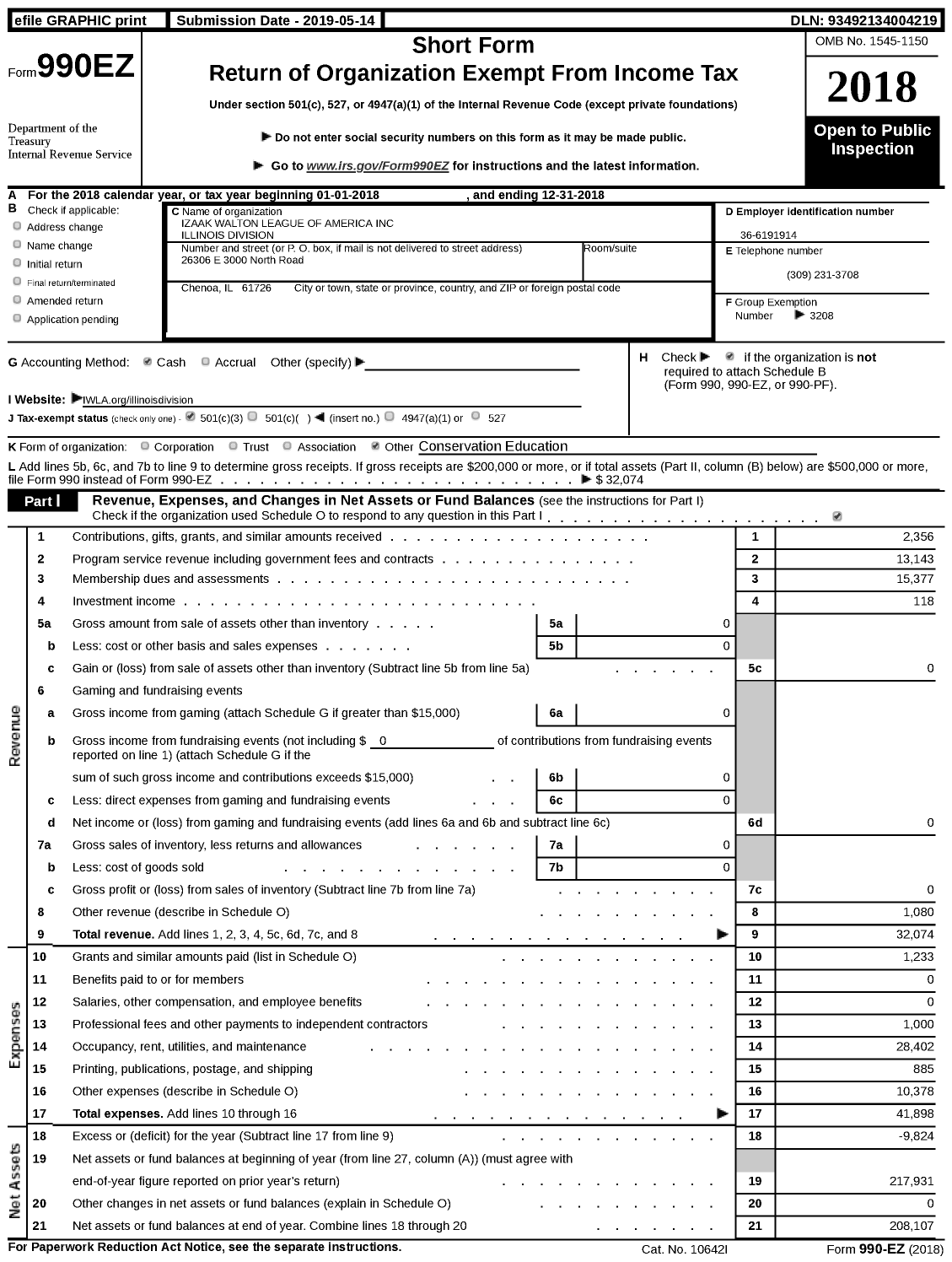 Image of first page of 2018 Form 990EZ for IZAAK WALTON LEAGUE OF AMERICA - Illinois Division