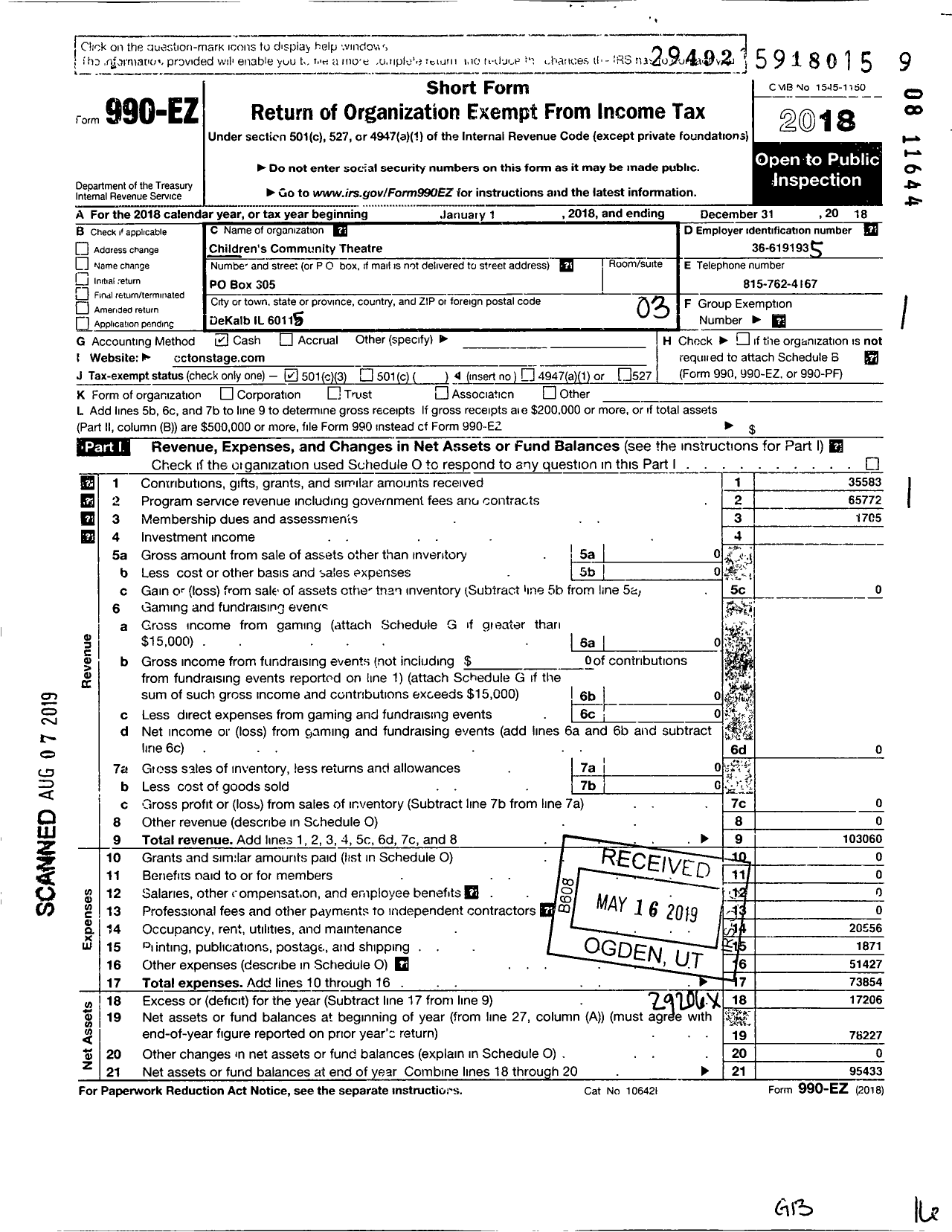 Image of first page of 2018 Form 990EZ for Childrens Community Theatre